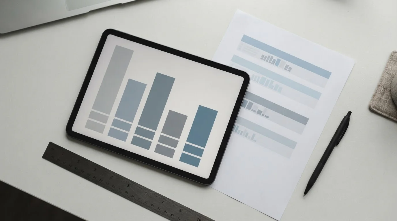 Übersicht mit Vergleichsreihen auf einem Tablet und ausgedruckter Tabelle