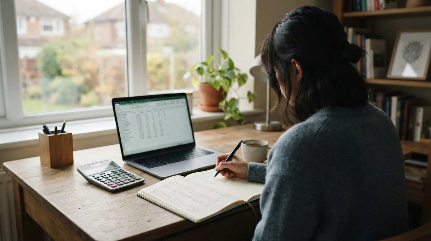 Person plant Budget mit Taschenrechner und Notizen am Schreibtisch