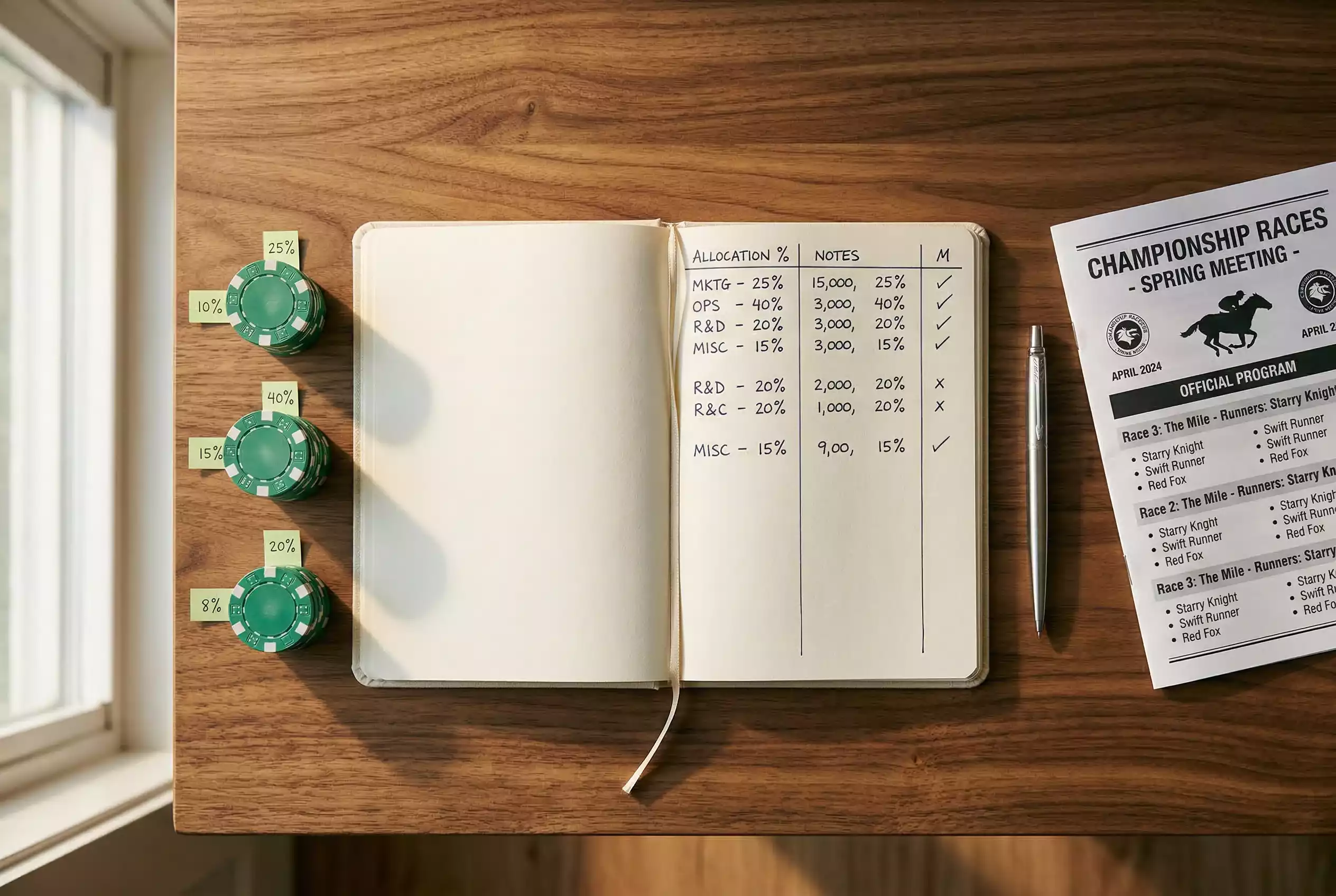 Bankroll Management Pferdewetten — geordneter Schreibtisch mit einem offenen Notizbuch, aufgeteilten Stapeln symbolischer Chips und einem Kugelschreiber