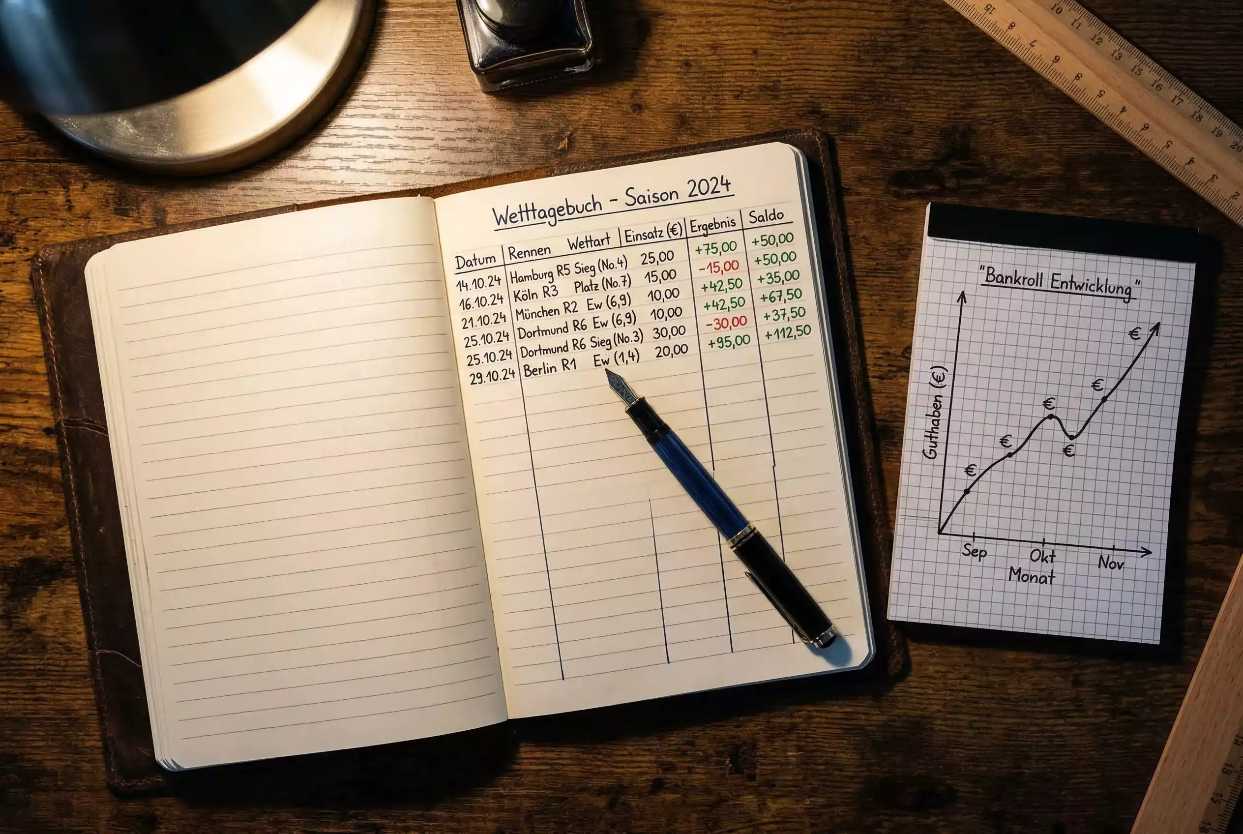 Notizbuch mit Wettstrategie und Einsatzplanung für Pferdewetten — Bankroll-Management
