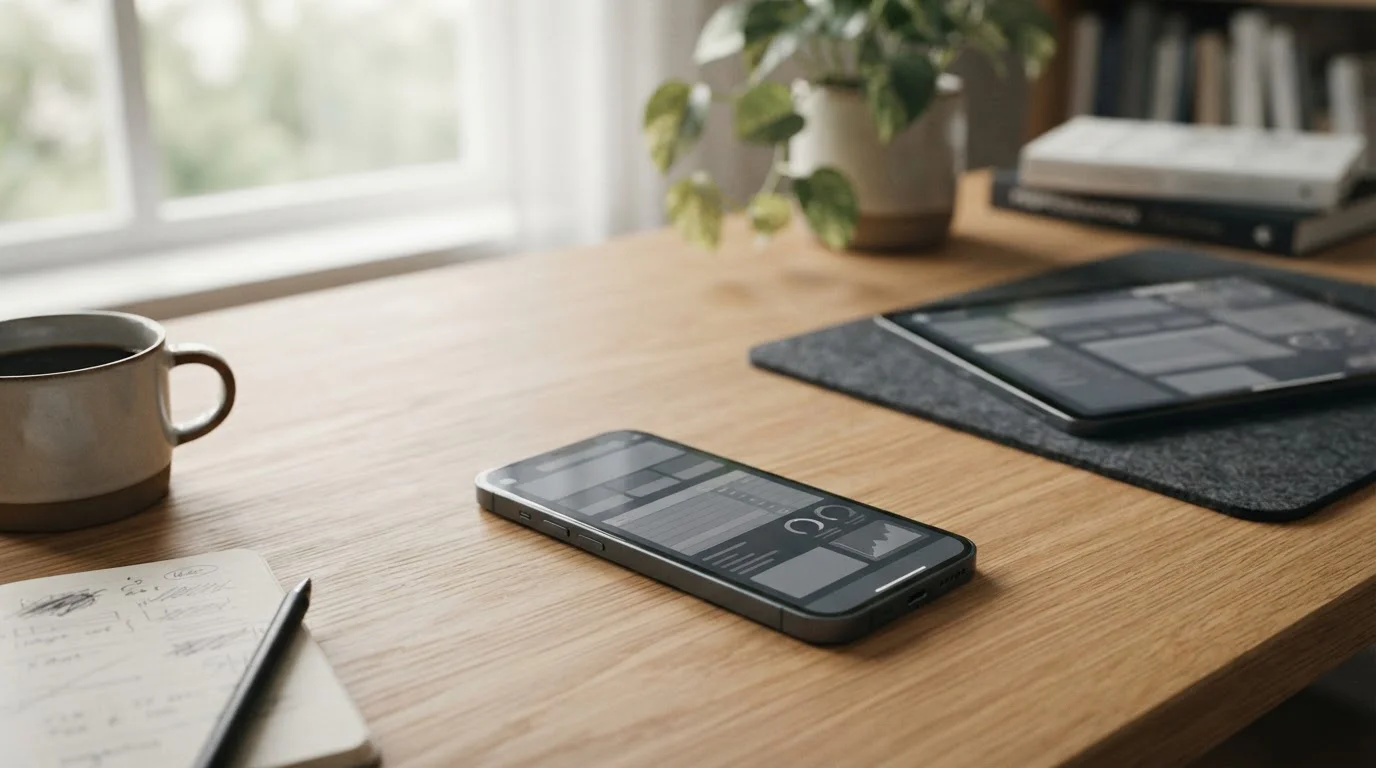 Smartphone mit neutraler Wett-App-Oberfläche auf einem Schreibtisch mit gedämpfter Beleuchtung
