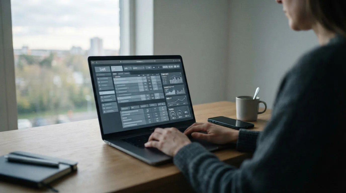 Laptop mit abstraktem Wettanbieter-Interface auf einem Schreibtisch in gedämpftem Tageslicht