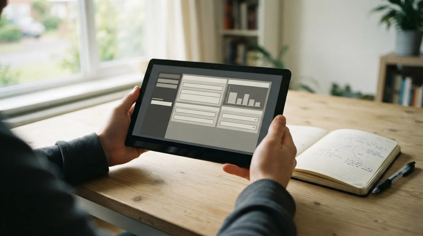 Person testet Sportwetten-App im Demo-Modus auf Tablet-Computer