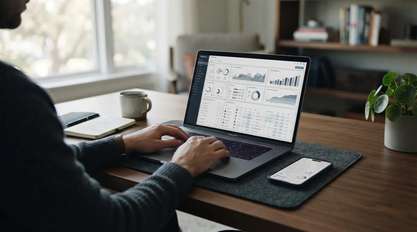 Analytischer Arbeitsplatz mit Laptop und Sportdaten für Bitcoin-Wettanbieter-Vergleich