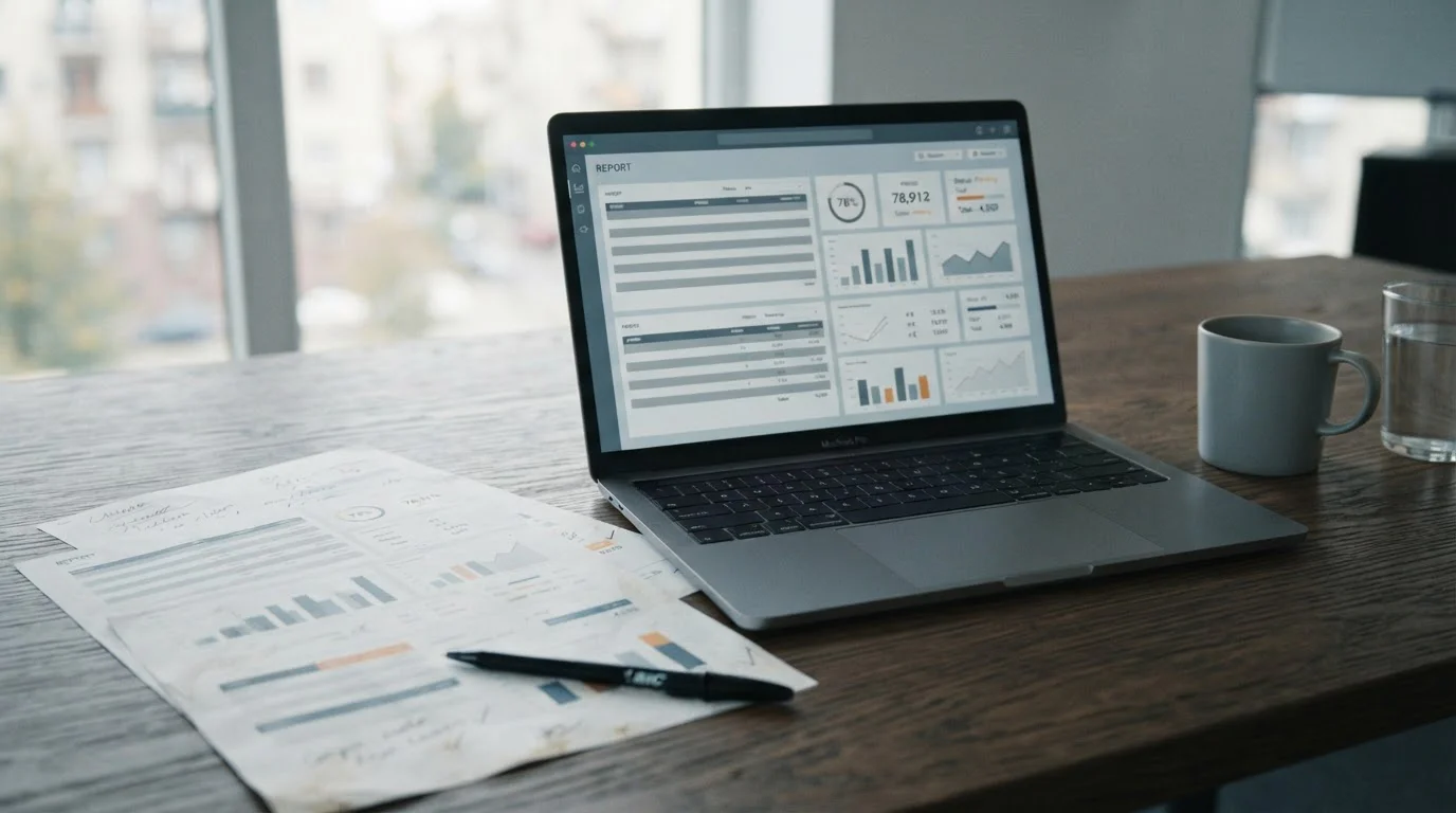 Arbeitsplatz mit Laptop und Dokumenten zur Analyse von Visa-Zahlungen bei Wettanbietern