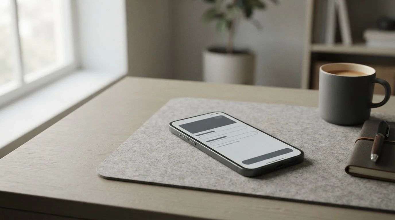 Smartphone mit neutraler Zahlungsschnittstelle auf schlichtem Schreibtisch