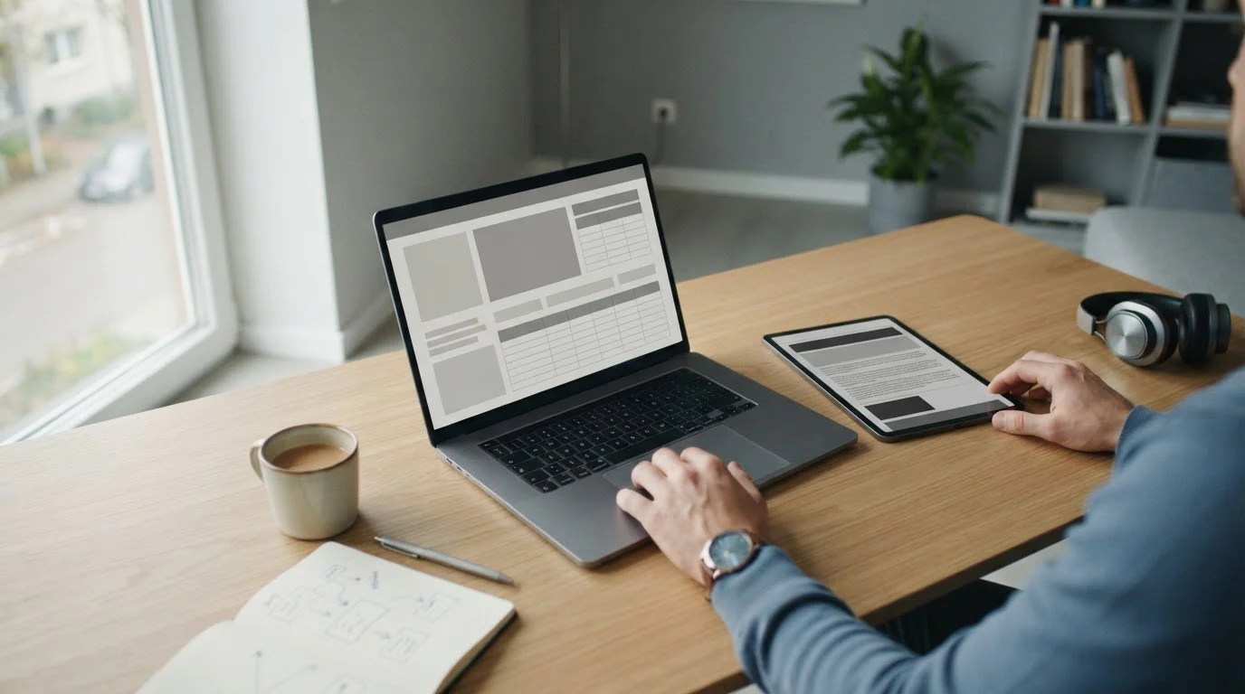 Laptop mit abstrakten Wettanbieter-Optionen und regulatorischen Dokumenten auf einem Schreibtisch