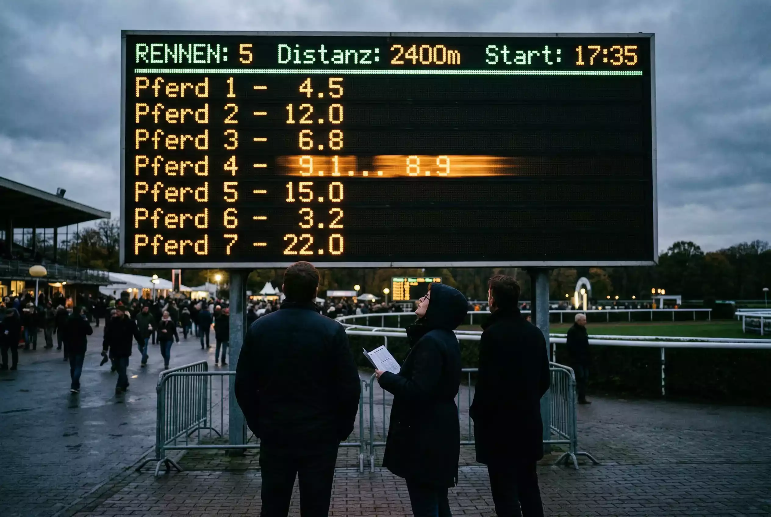 Eventualquoten Pferdewetten — digitale Toto-Anzeigetafel mit sich ändernden Quoten vor dem Start, Zuschauer im Hintergrund