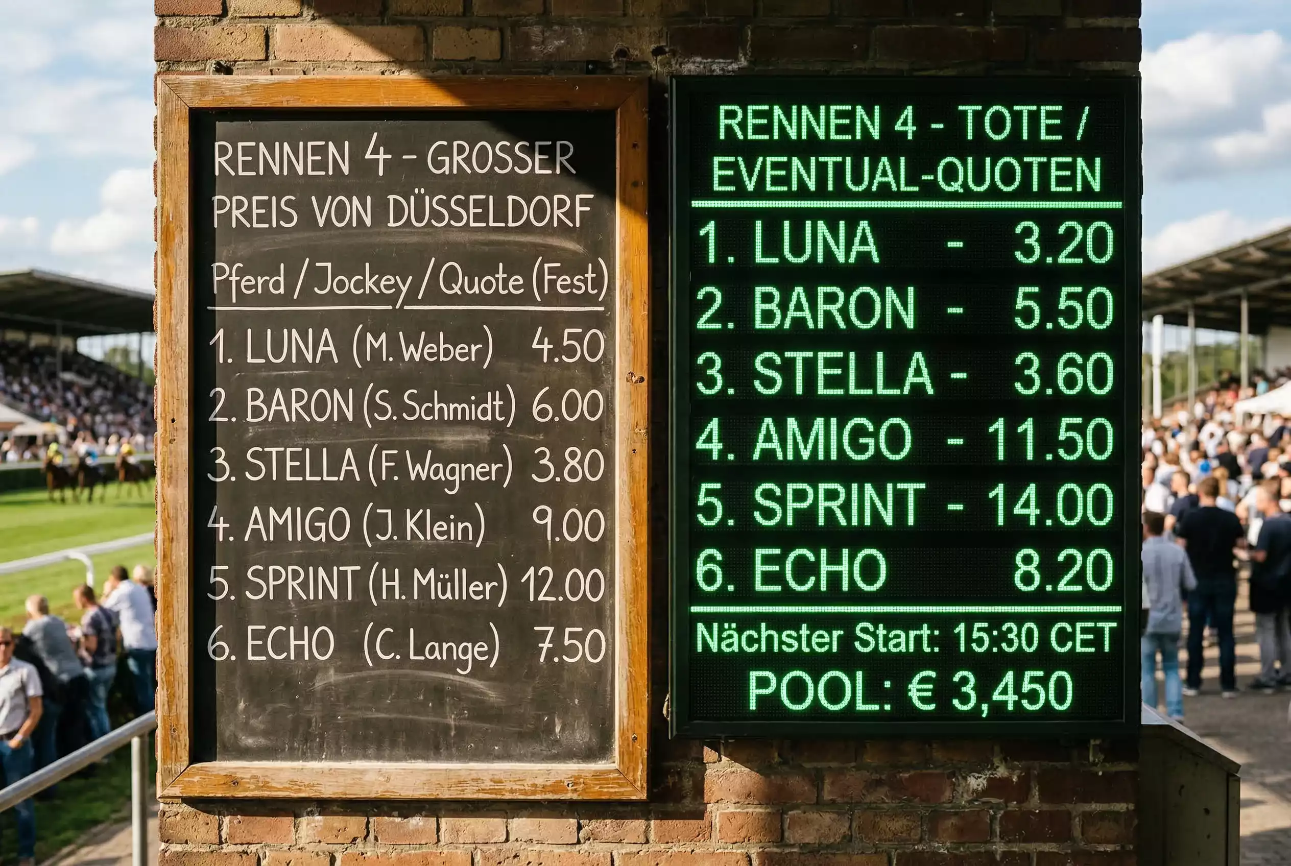 Festkurs vs. Toto-Quote — zweigeteilte Quotentafel an der Rennbahn: links feste Zahlen auf einer Kreidetafel, rechts leuchtende digitale Toto-Anzeige