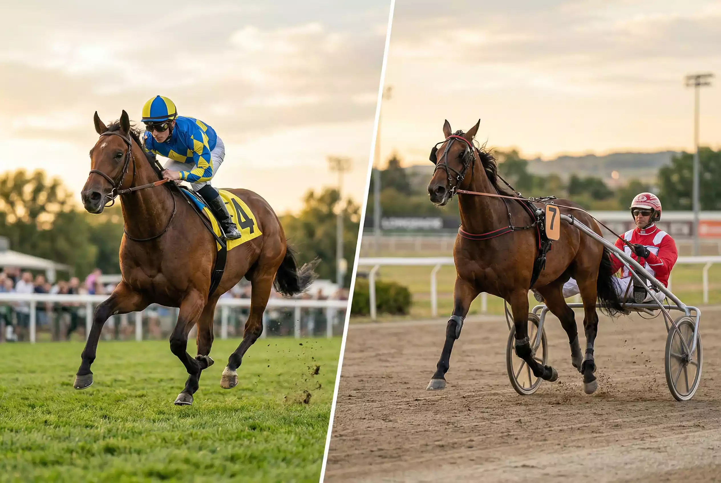 Galopprennen vs. Trabrennen — zweigeteiltes Bild: links ein Jockey im Galopp auf Rasen, rechts ein Trabrennfahrer im Sulky auf Sandbahn
