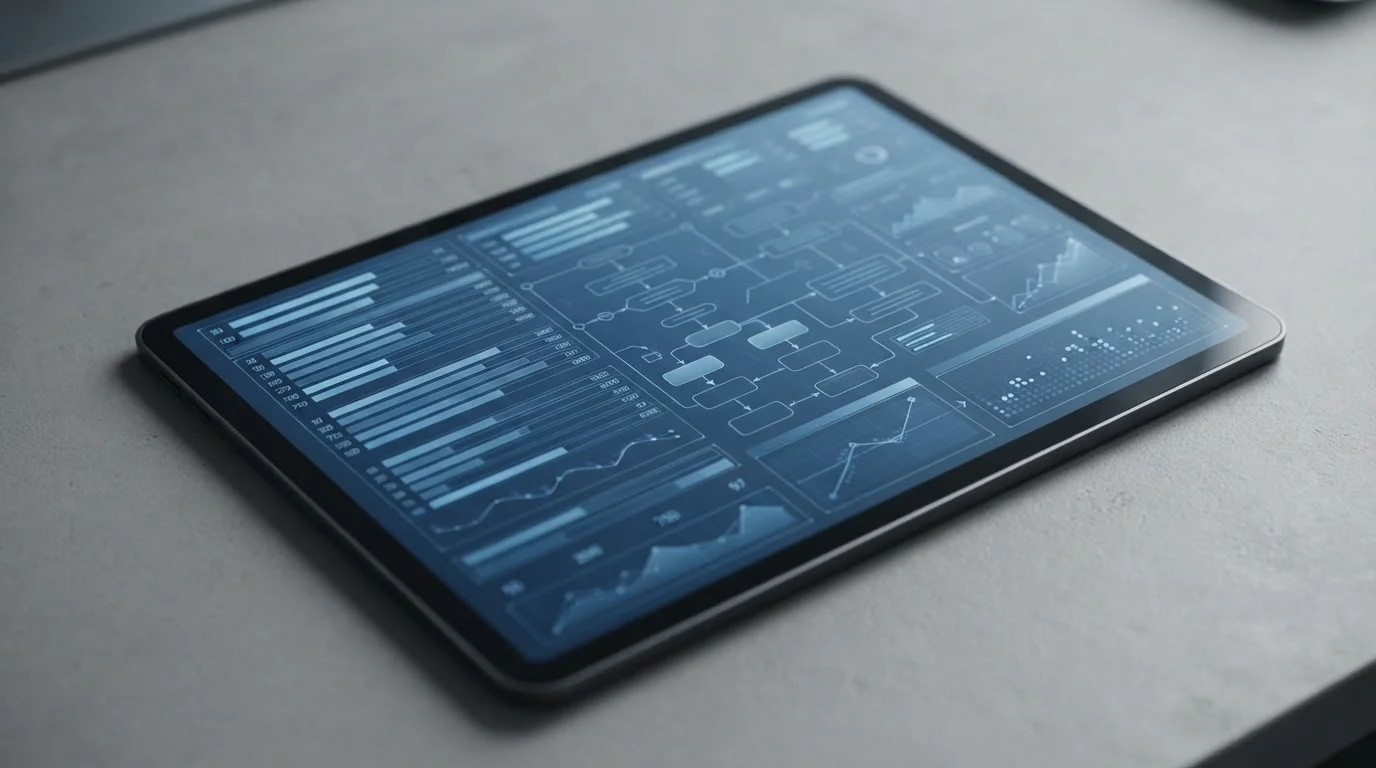 Tablet zeigt abstraktes Regulierungsschema mit Limitierungen und Kontrollmechanismen