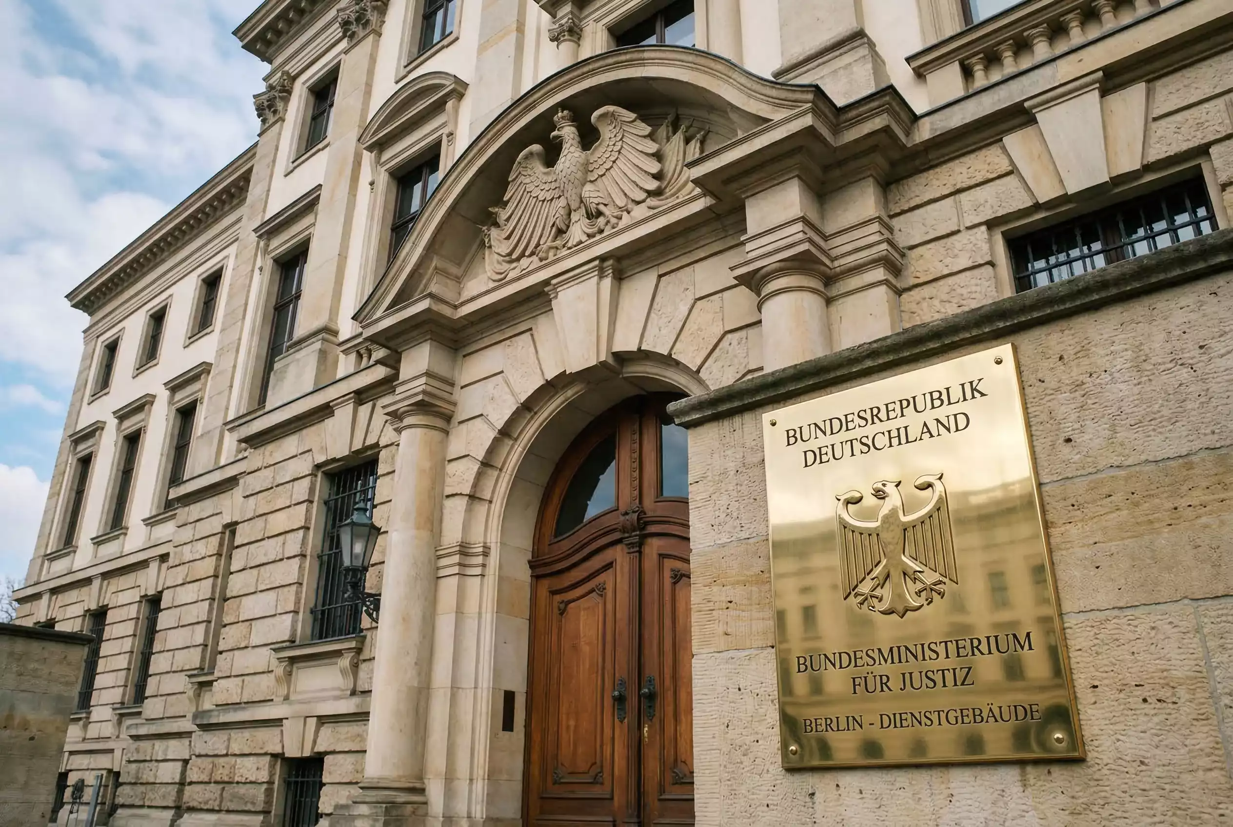 GlüStV 2021 GGL Pferdewetten — Gebäudefassade einer deutschen Behörde mit Bundesadler und einem Lizenz-Schild im Vordergrund