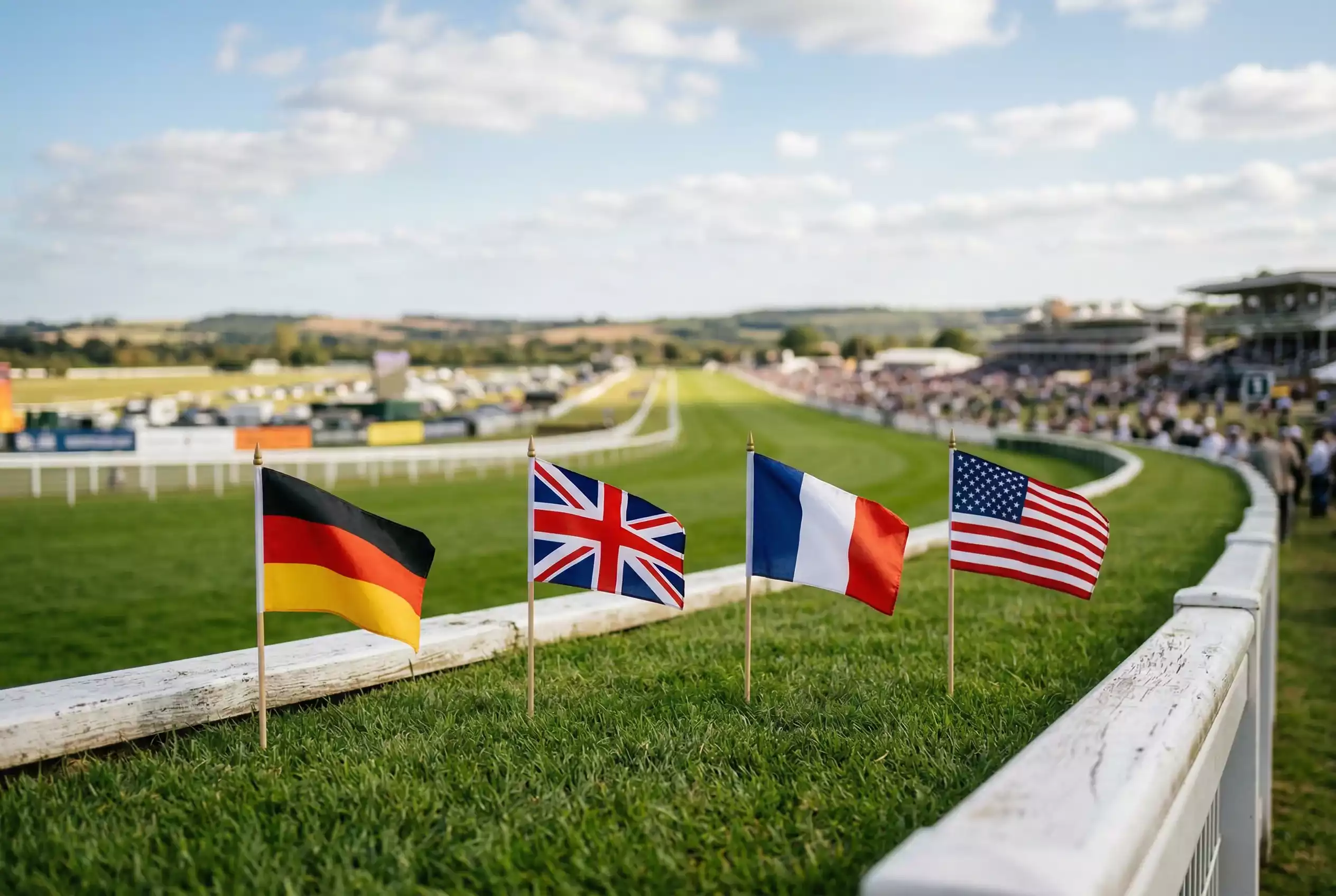 Internationale Pferdewetten Vergleich — vier nebeneinander angeordnete Rennbahn-Szenen mit unterschiedlichen Länderflaggen im Vordergrund
