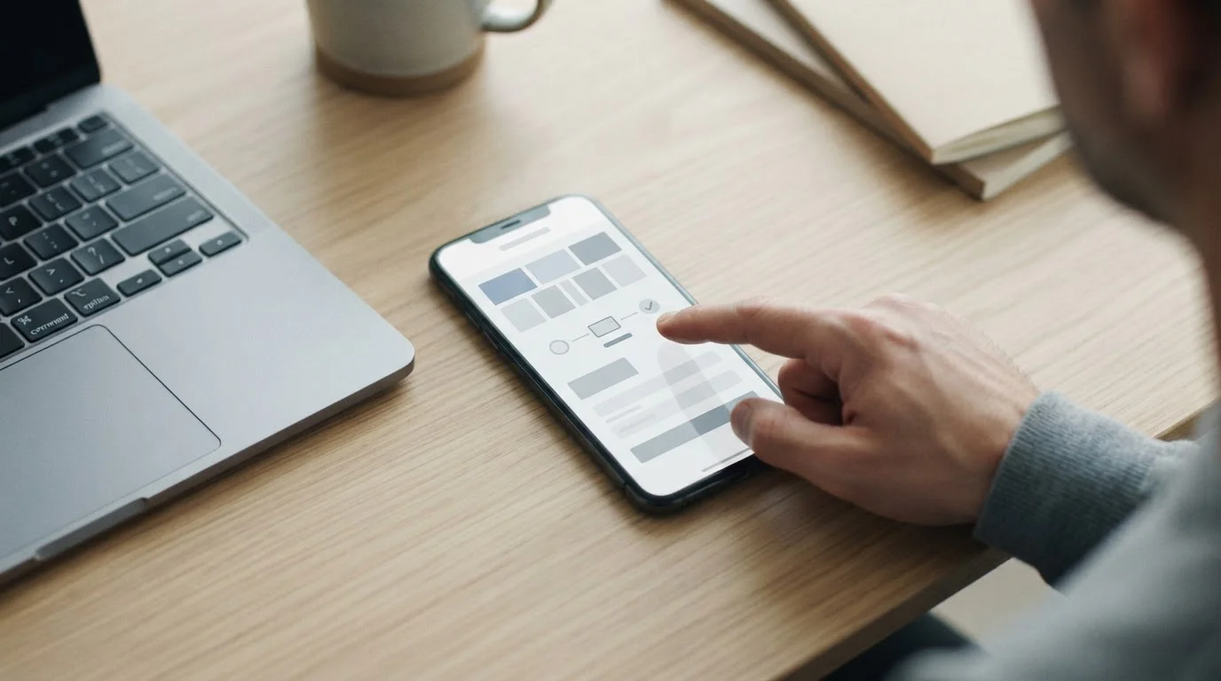 Smartphone mit Zahlungsablauf und Tastatur auf neutralem Schreibtisch
