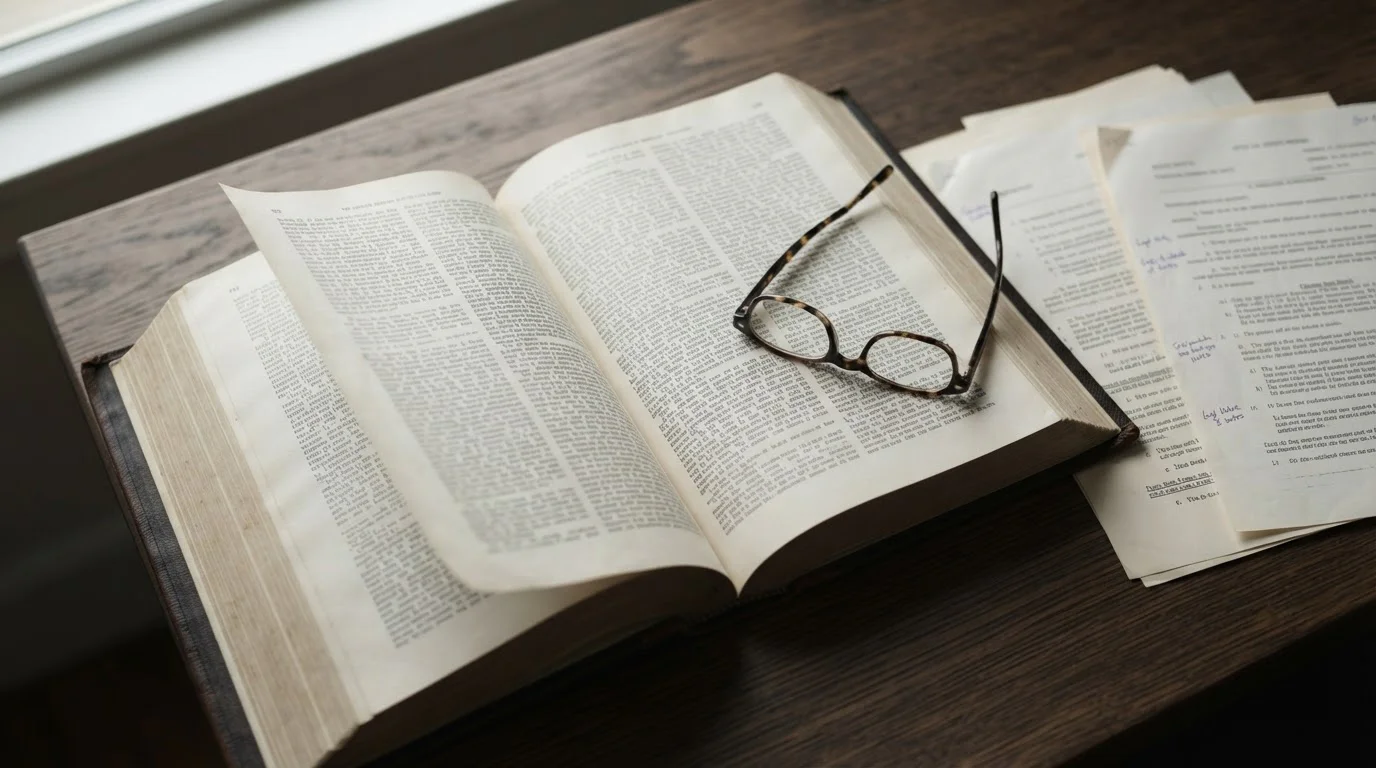 Aufgeschlagenes Gesetzbuch neben Dokumenten auf Schreibtisch
