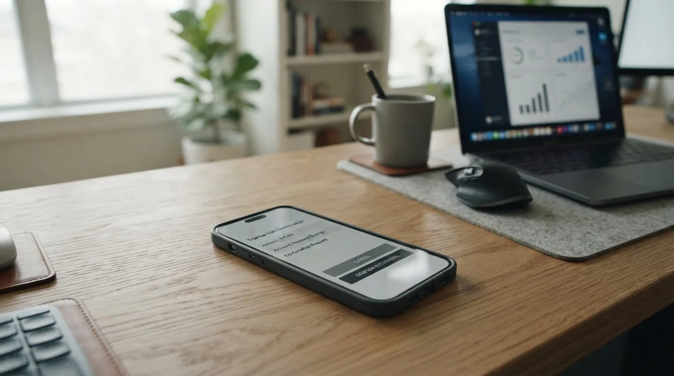 Smartphone mit Auszahlungsmenü neben geöffnetem Laptop auf Schreibtisch