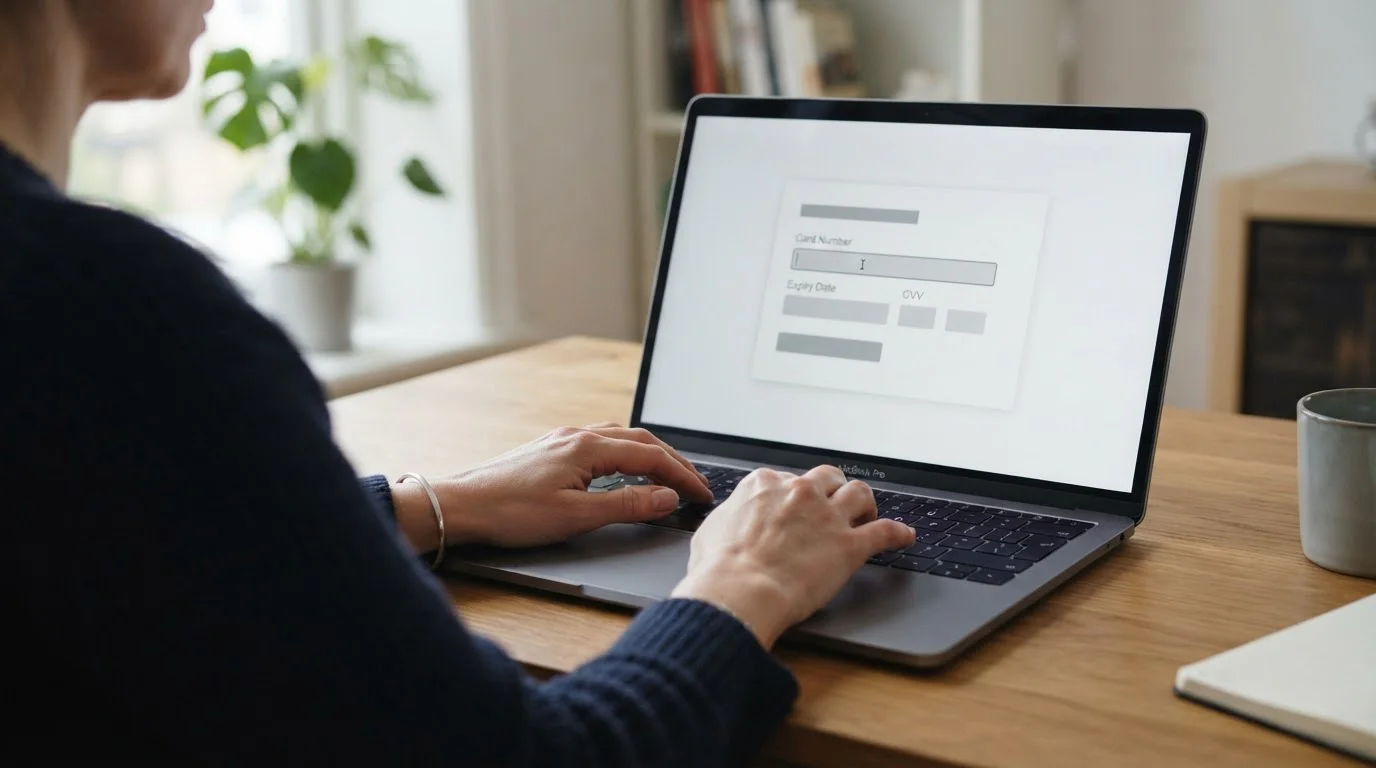 Hände auf Laptop-Tastatur bei der Online-Zahlung auf neutraler Webseite