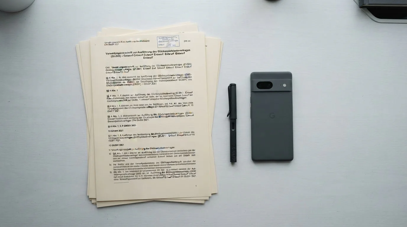 Deutsches Gesetzesdokument und Smartphone auf aufgeräumtem Schreibtisch