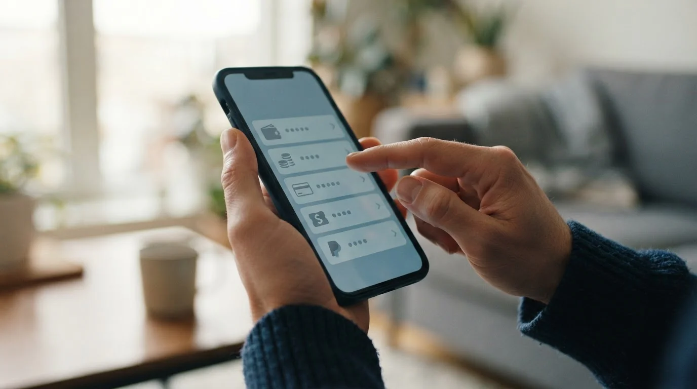 Hand wählt Zahlungsoption auf Smartphone-Bildschirm in neutraler Darstellung