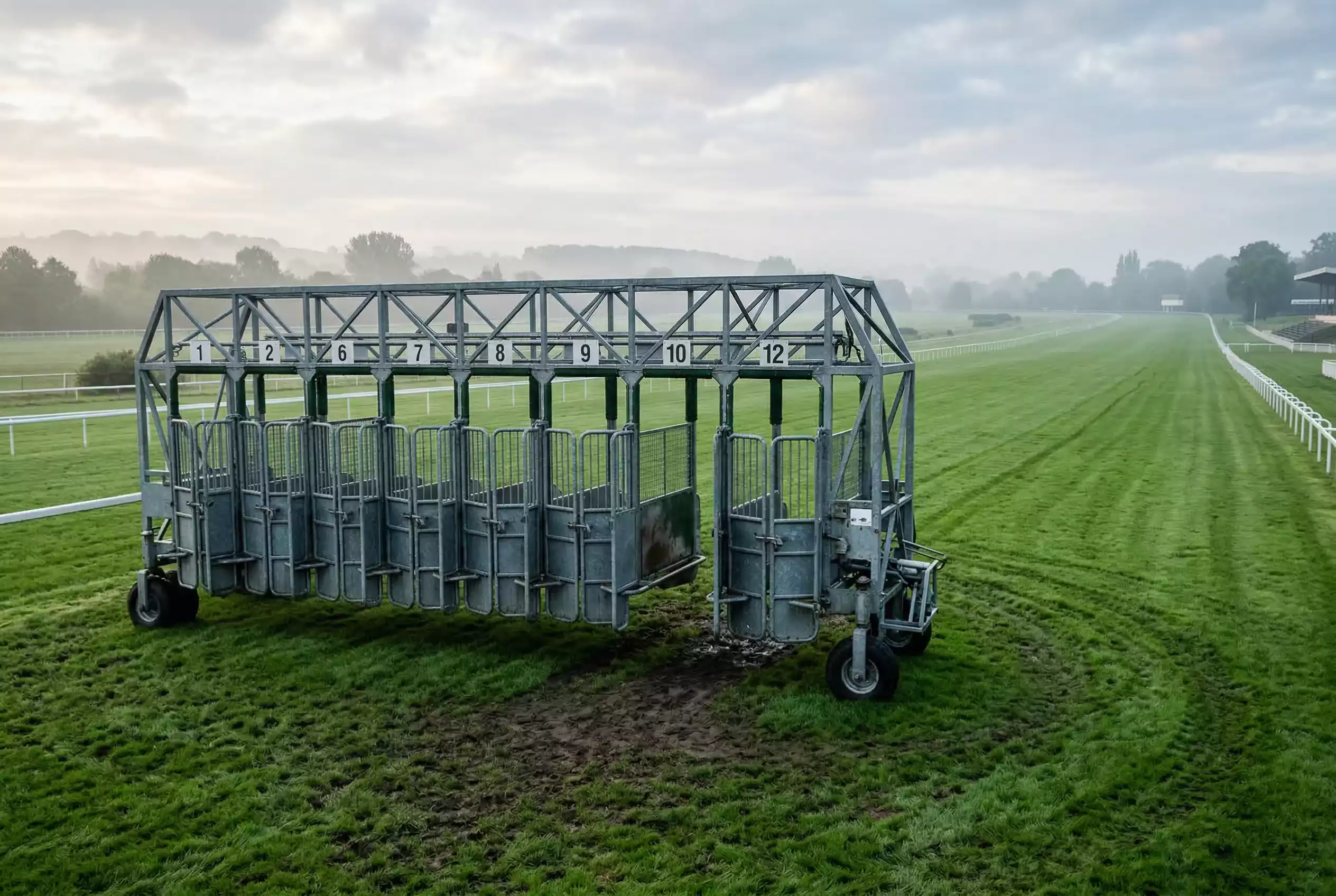 Nichtstarter Pferdewetten — leerer Startkasten auf einer Galopprennbahn mit geschlossenen Gittern und einer grünen Rasenfläche dahinter