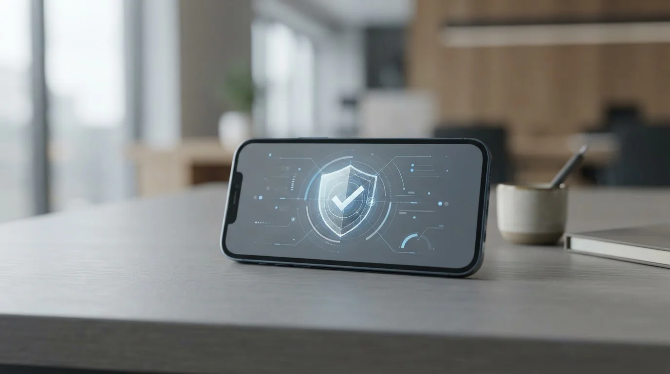 Smartphone mit Sicherheitssymbol und abstrakter Zertifizierungsdarstellung