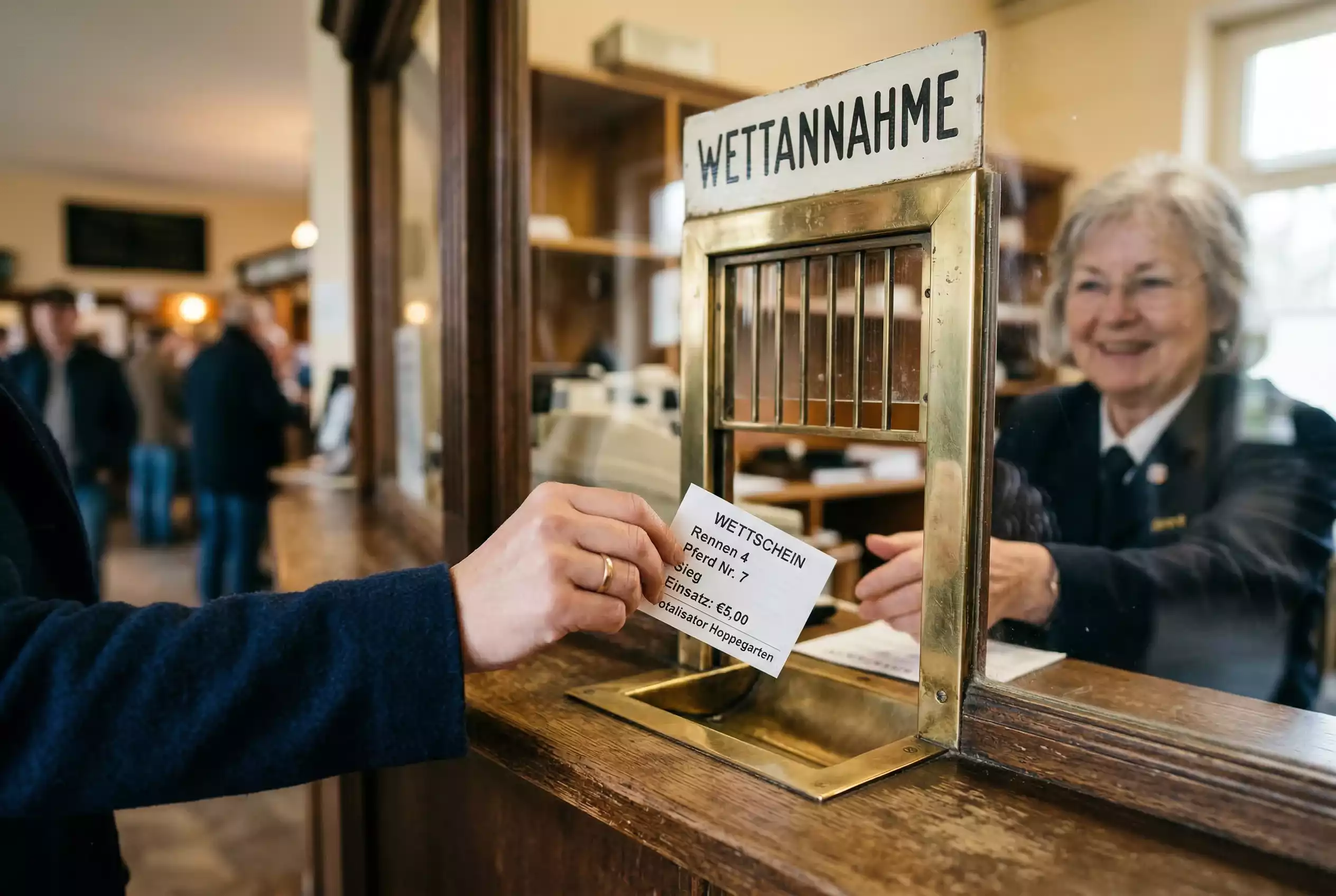 Pferdewetten Mindesteinsatz — Hand reicht einen kleinen Wetteinsatz am Totalisator-Schalter einer deutschen Galopprennbahn