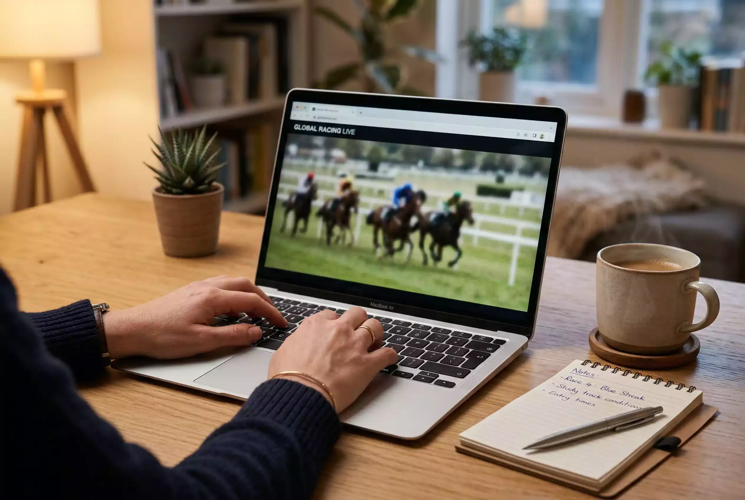 Pferdewetten online Anfänger — Person tippt am Laptop einen Wettschein, im Hintergrund ein Bildschirm mit Pferderennen-Übertragung
