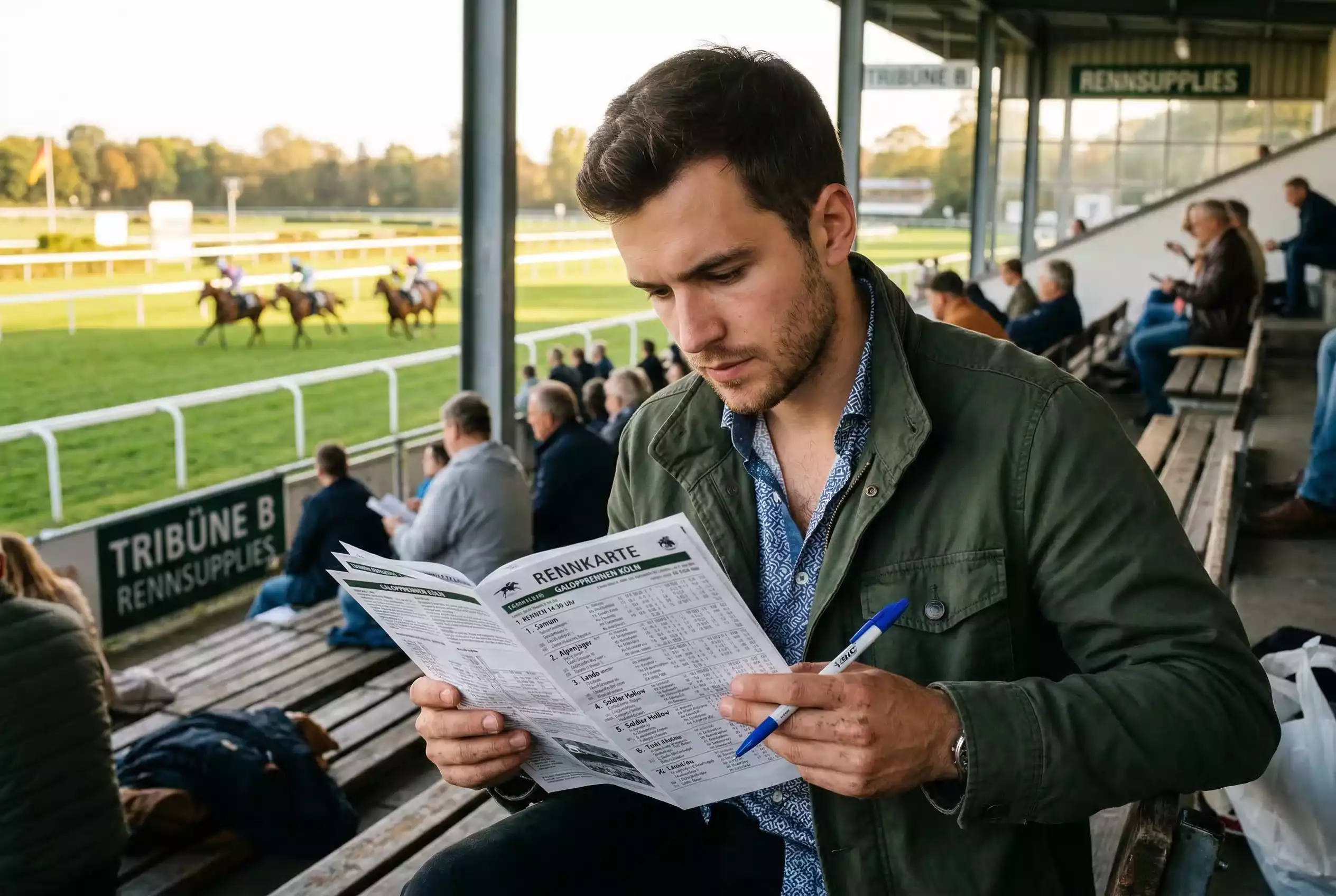 Pferdewetten Strategie für Anfänger — Zuschauer studiert Rennkarte auf der Tribüne