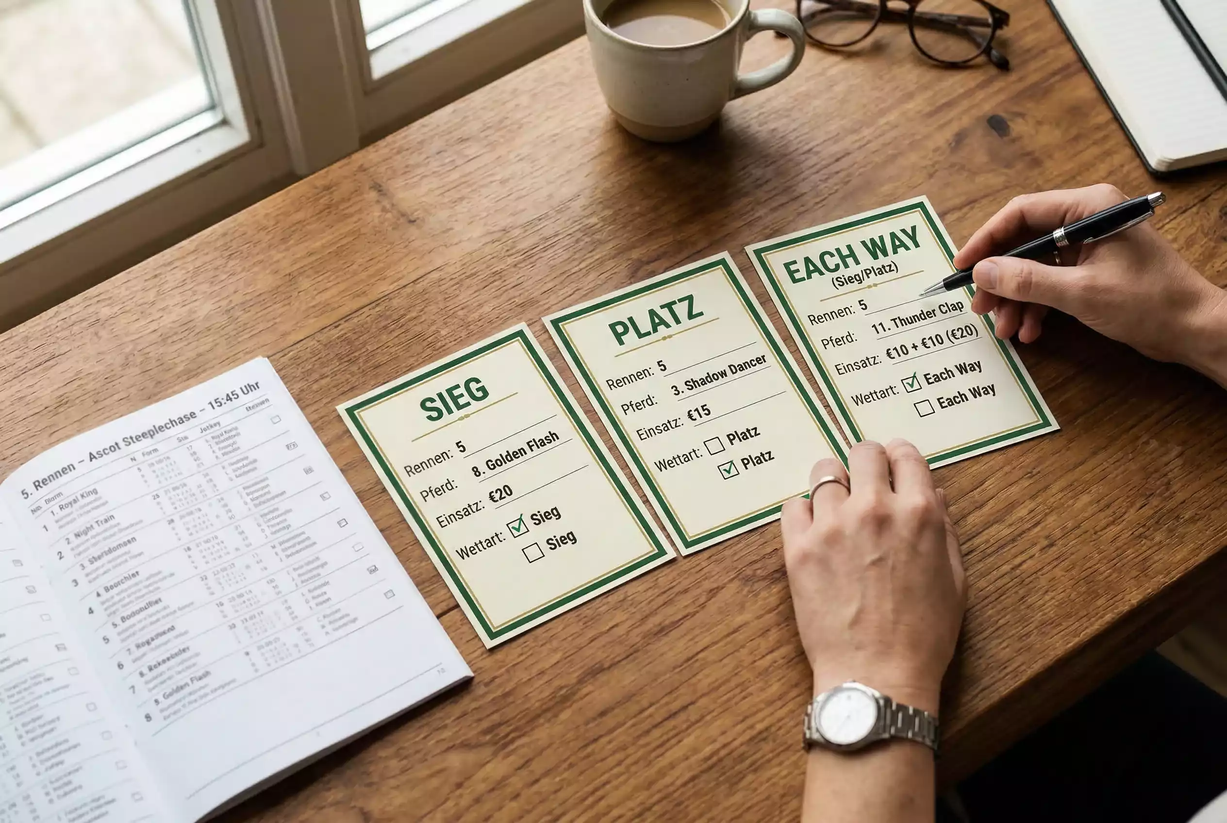 Übersicht der Wettarten bei Pferderennen — Sieg, Platz und Each Way auf einem Wettschein