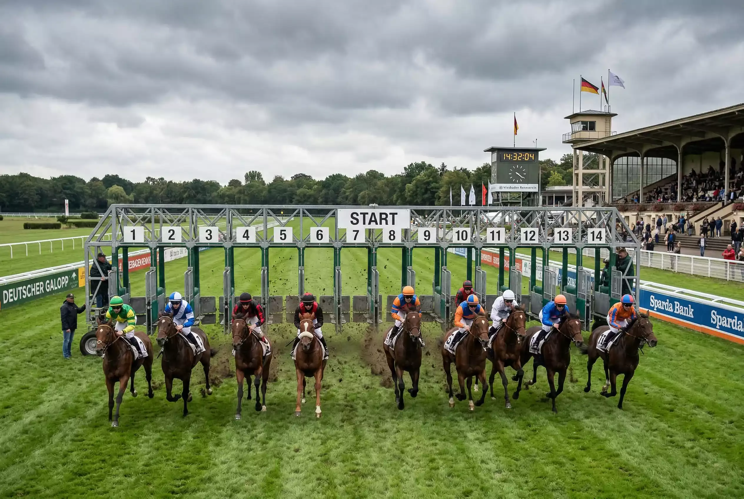 Deutsches Galopprennen mit großem Starterfeld auf der Rennbahn — Platzregeln nach Feldgröße