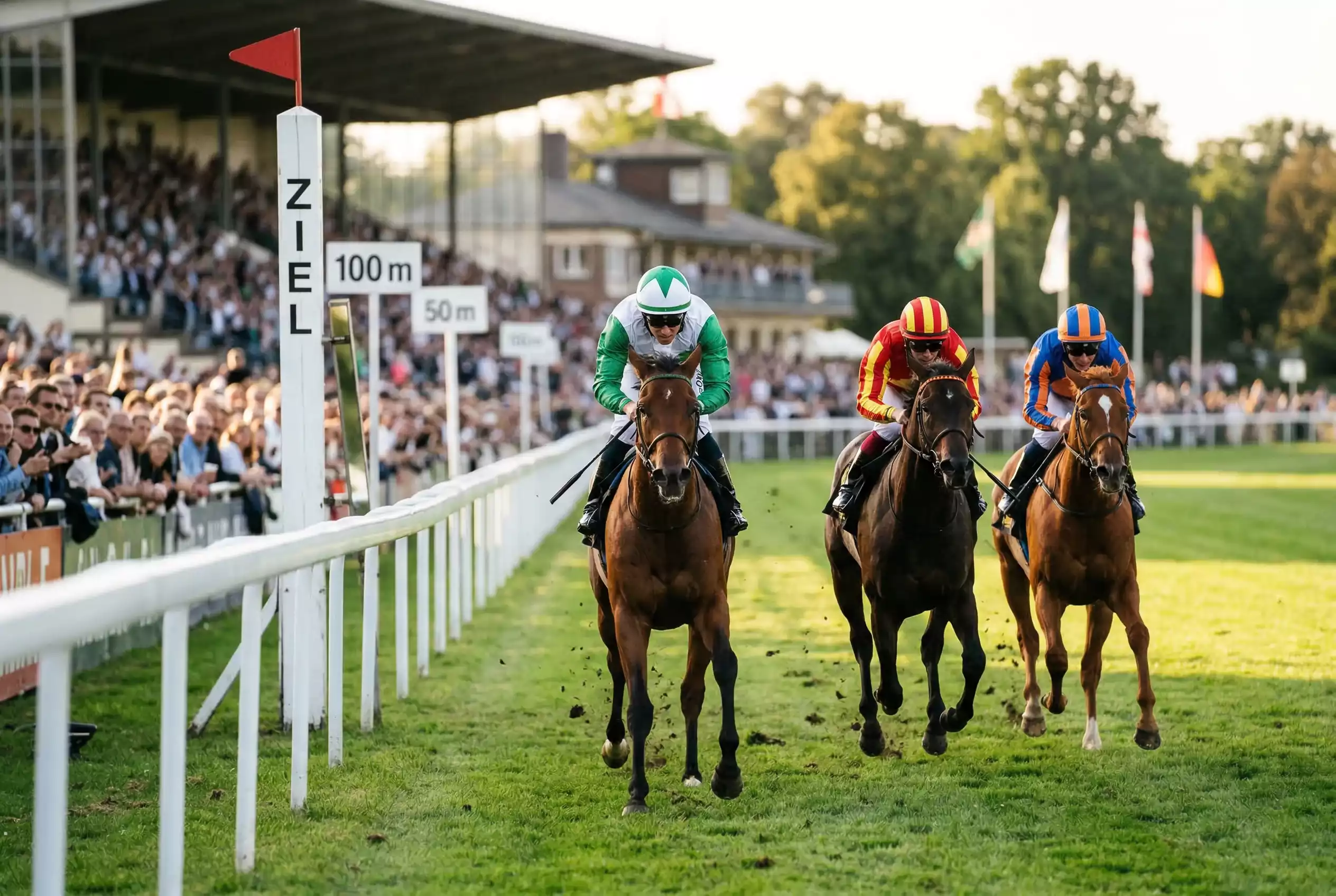 Platzwette Pferderennen — Pferde im Zieleinlauf auf deutscher Galopprennbahn