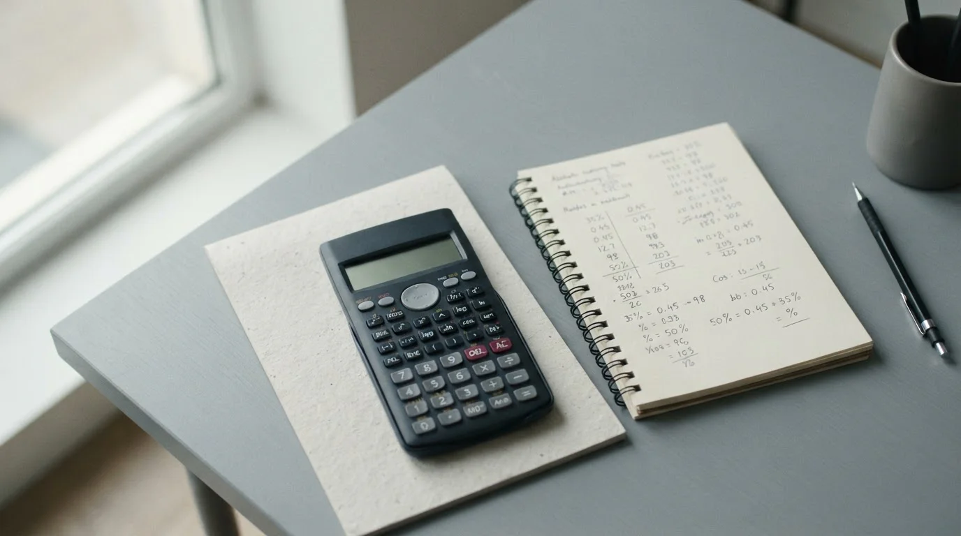 Taschenrechner und Notizblock mit mathematischen Berechnungen zu Wettquoten und Margen
