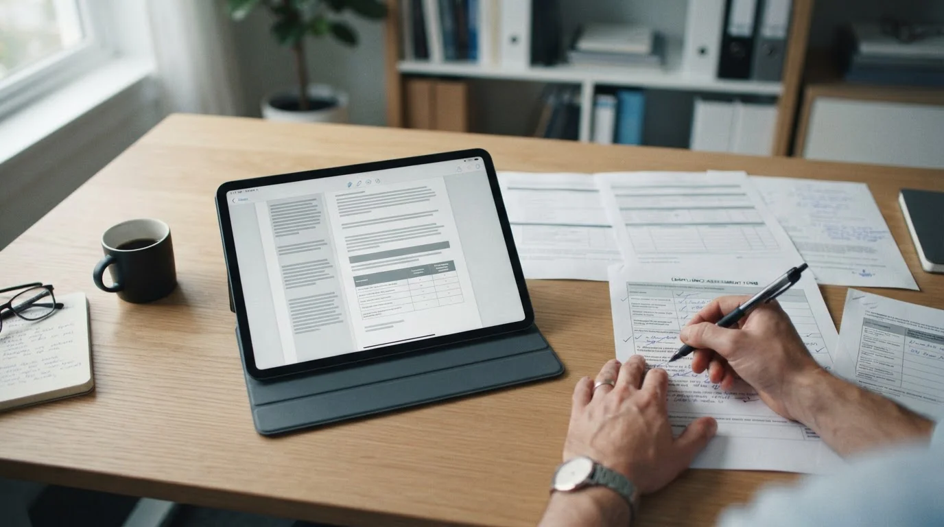 Dokumente und Tablet mit rechtlichen Informationen auf Schreibtisch
