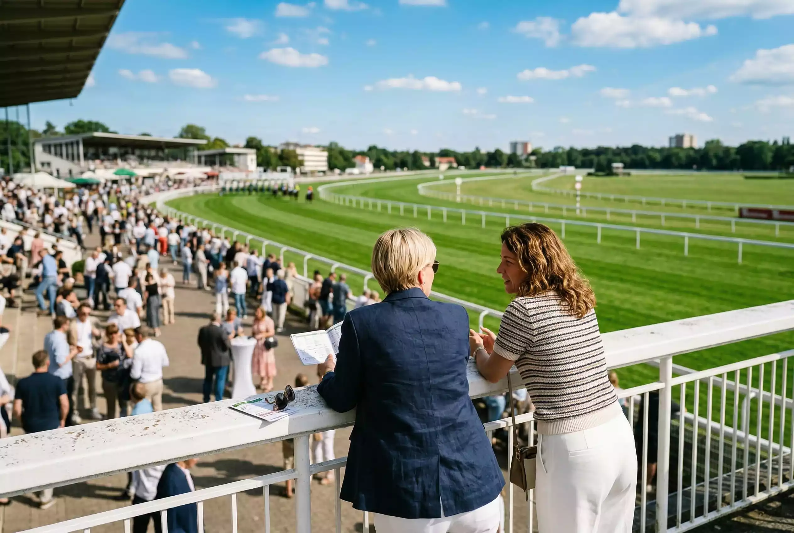 Rennbahnbesuch Anfänger — Blick vom Tribünenrand auf die Galopprennbahn bei Sonnenschein, Besucher in legerer Kleidung lehnen am Geländer