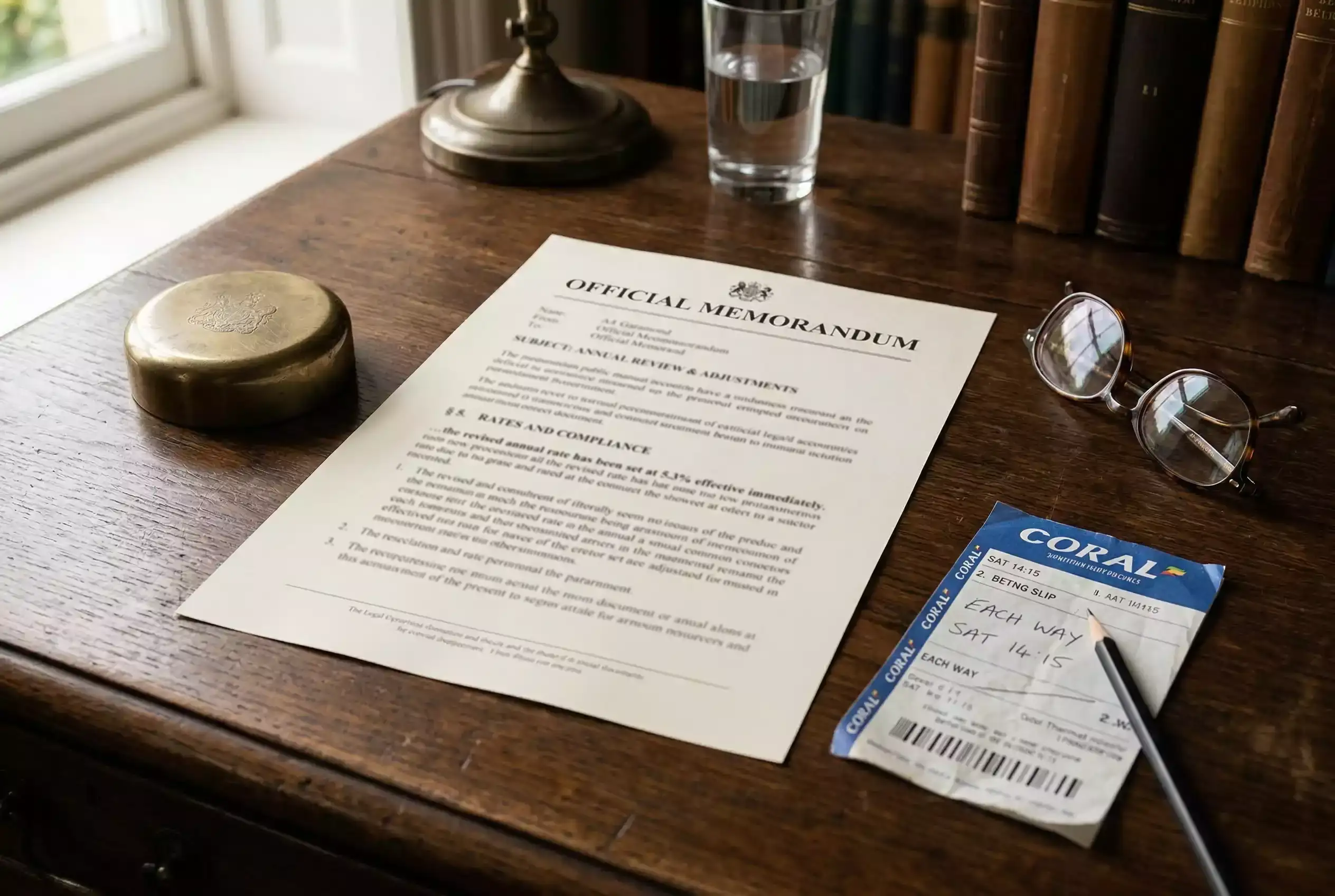 Rennwettsteuer Deutschland — offizielles Dokument mit §-Zeichen und Prozentangabe auf einem Schreibtisch neben einem Wettschein