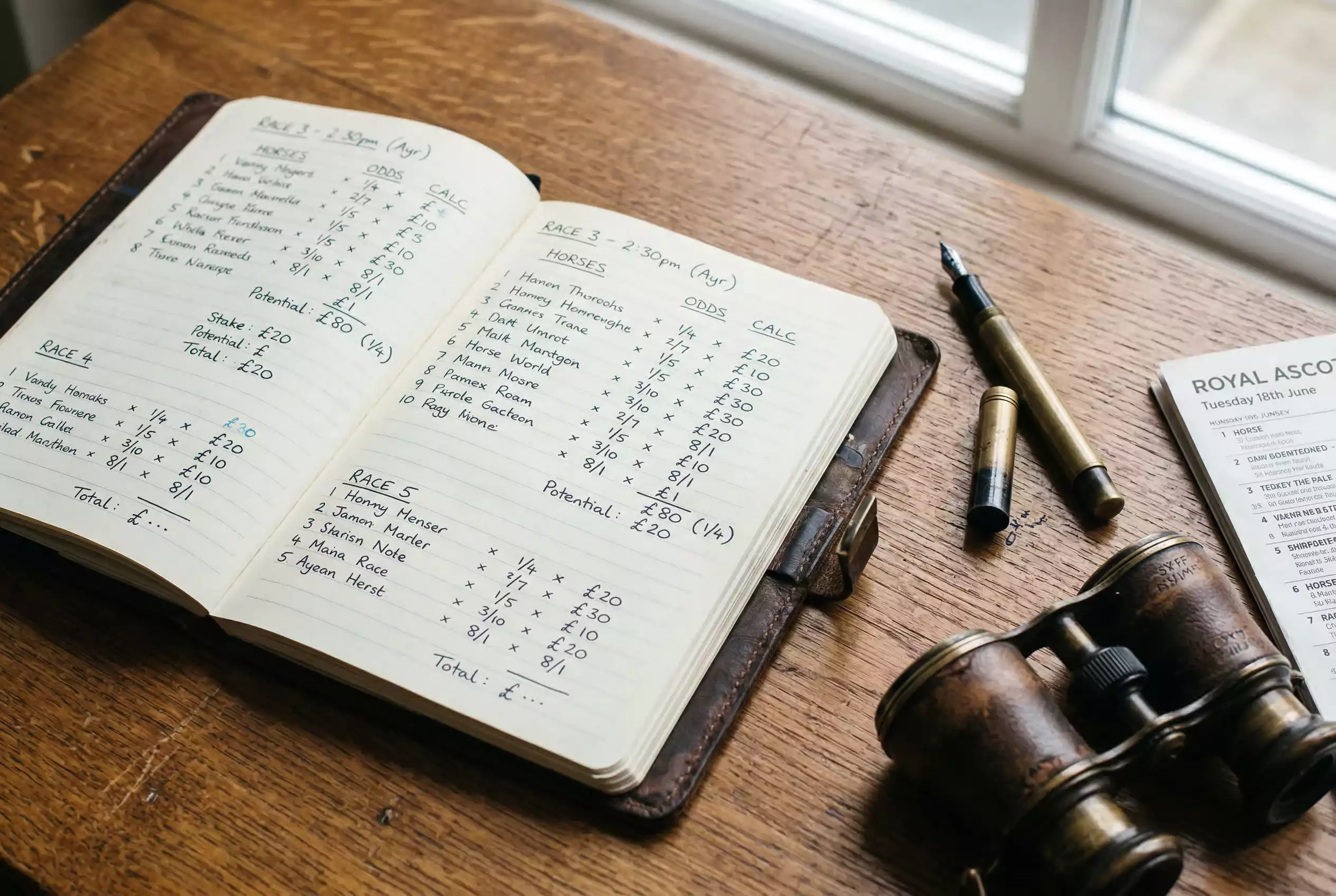 Splitquote Pferdewetten — aufgeschlagenes Notizbuch mit handschriftlicher Formelberechnung auf einem Holztisch neben einem Fernglas