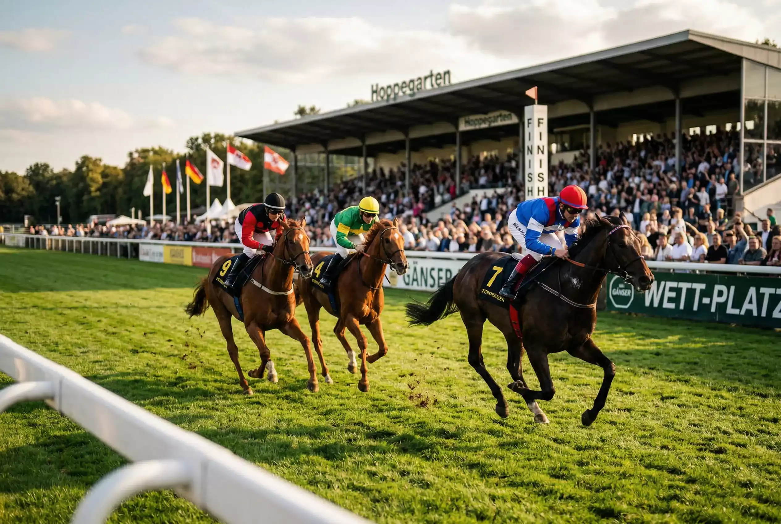 Sieg Platz Wette Pferderennen — Galopprennbahn mit Zielgerade und grünem Geläuf