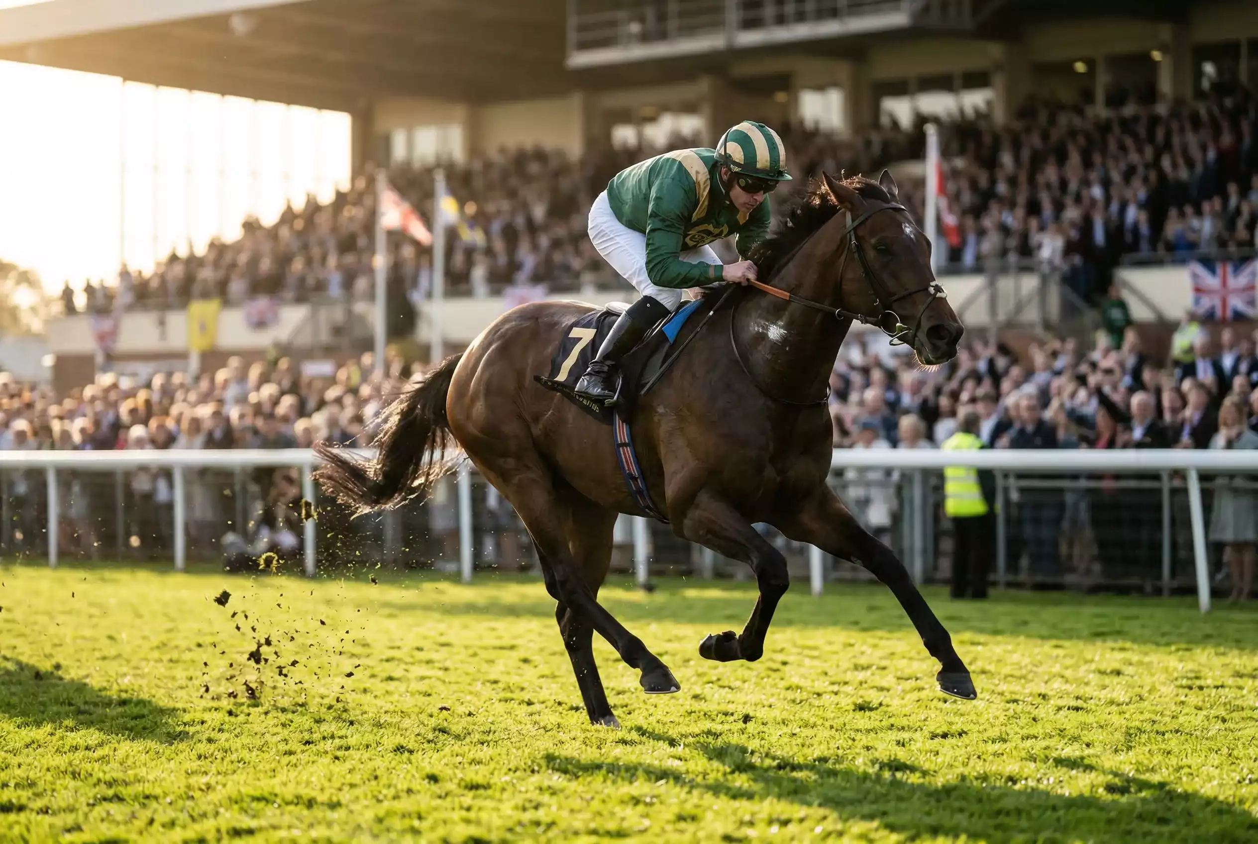 Siegwette Pferderennen — Jockey auf Rennpferd im gestreckten Galopp auf der Zielgeraden einer Galopprennbahn