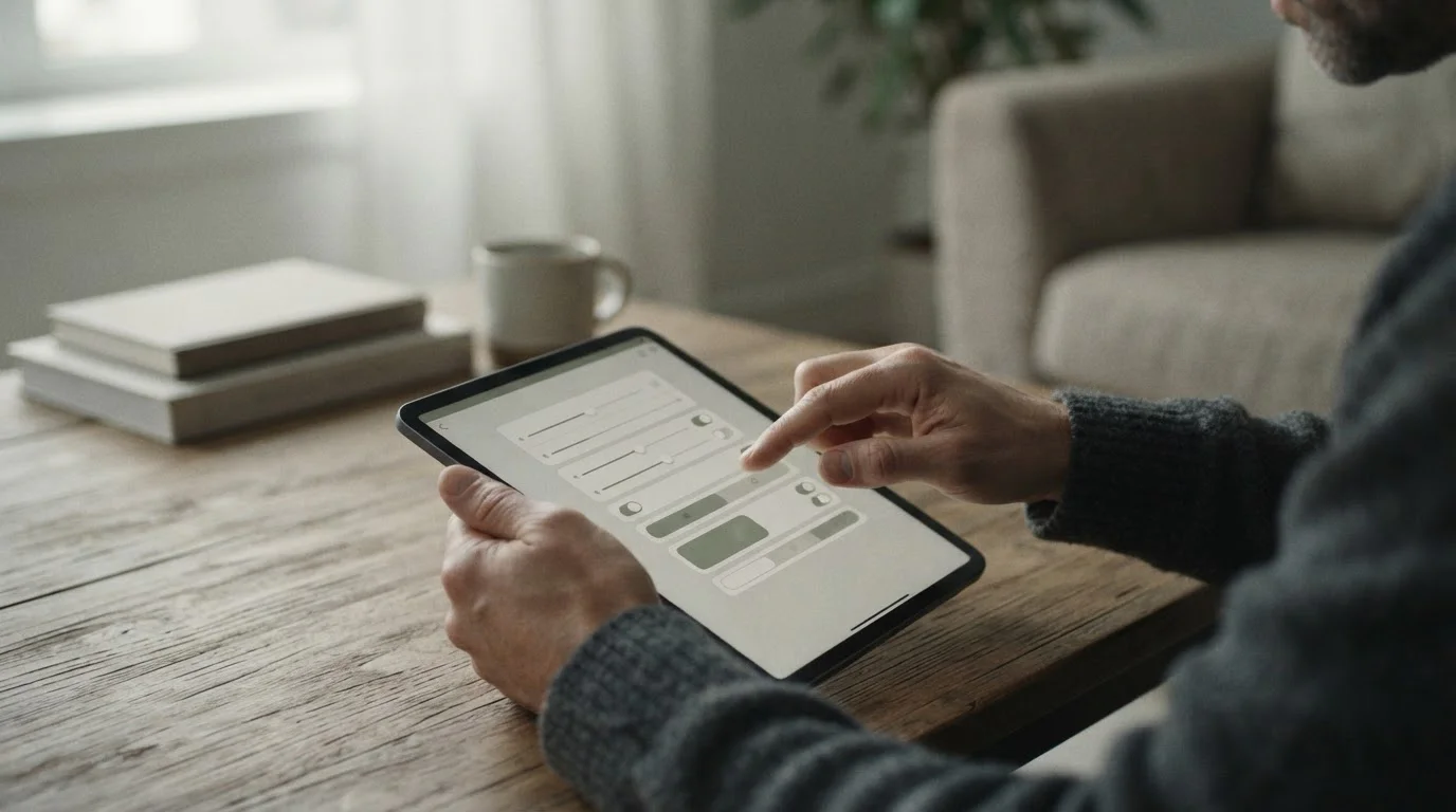 Person setzt Einzahlungslimits an einem Tablet, nur Hände sichtbar