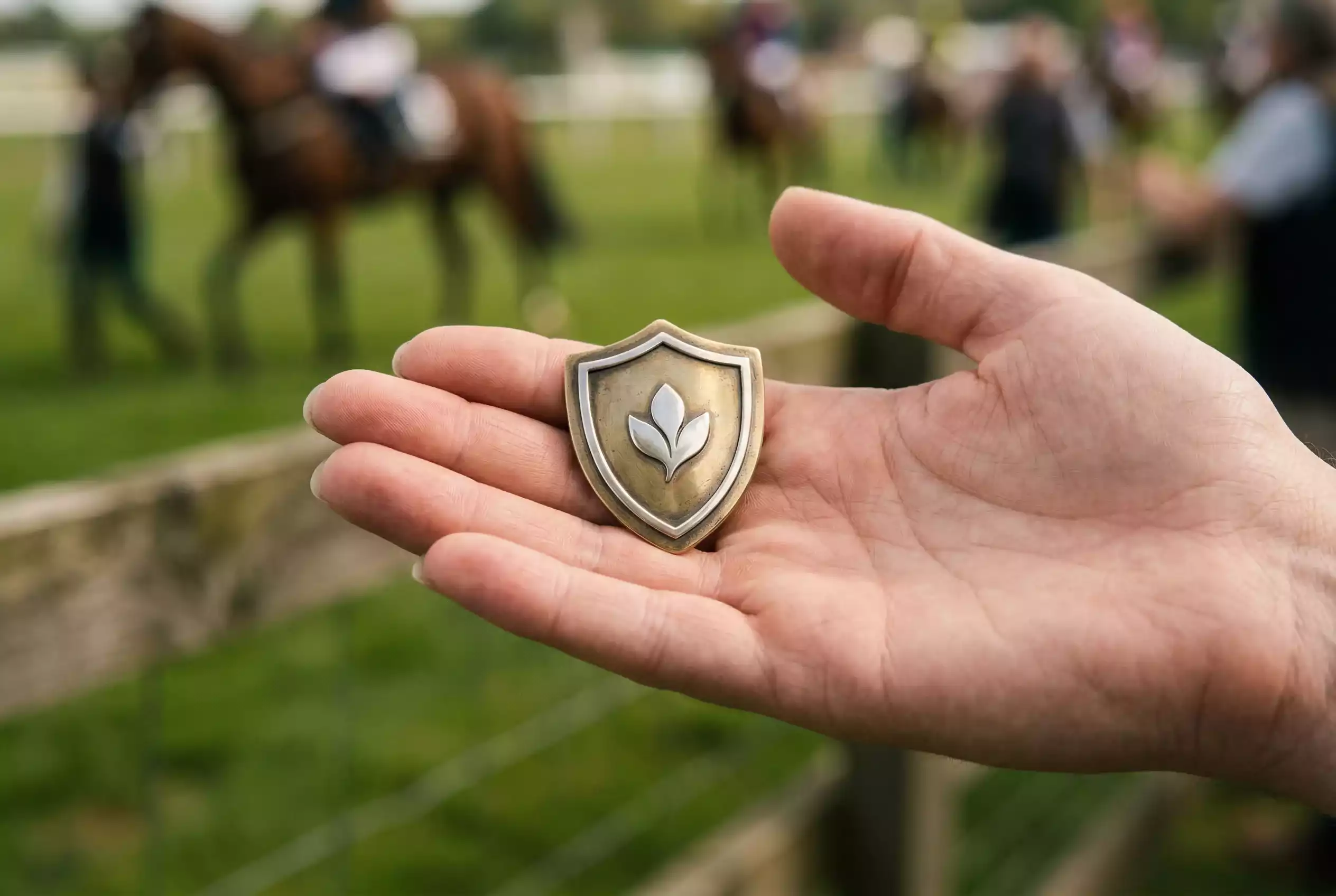 Spielerschutz Pferdewetten — offene Hand mit einem schützenden Schild-Symbol, im Hintergrund eine weiche Rennbahnkulisse