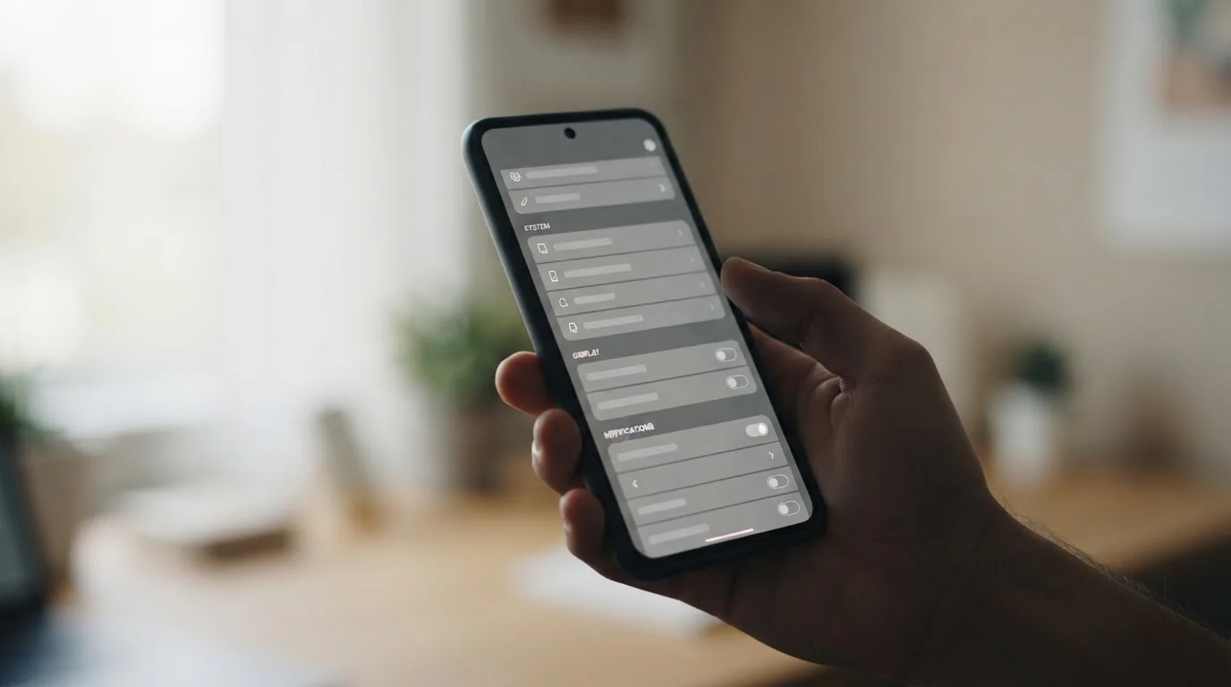 Nahaufnahme eines Smartphone-Bildschirms mit App-Funktionen und Einstellungsmenü