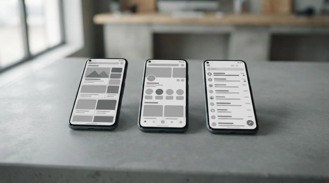 Mehrere Android-Smartphones nebeneinander mit verschiedenen App-Oberflächen im Vergleich