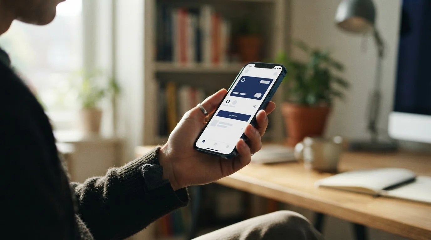 Hand bedient Smartphone mit abstraktem Zahlungsinterface in ruhiger Umgebung