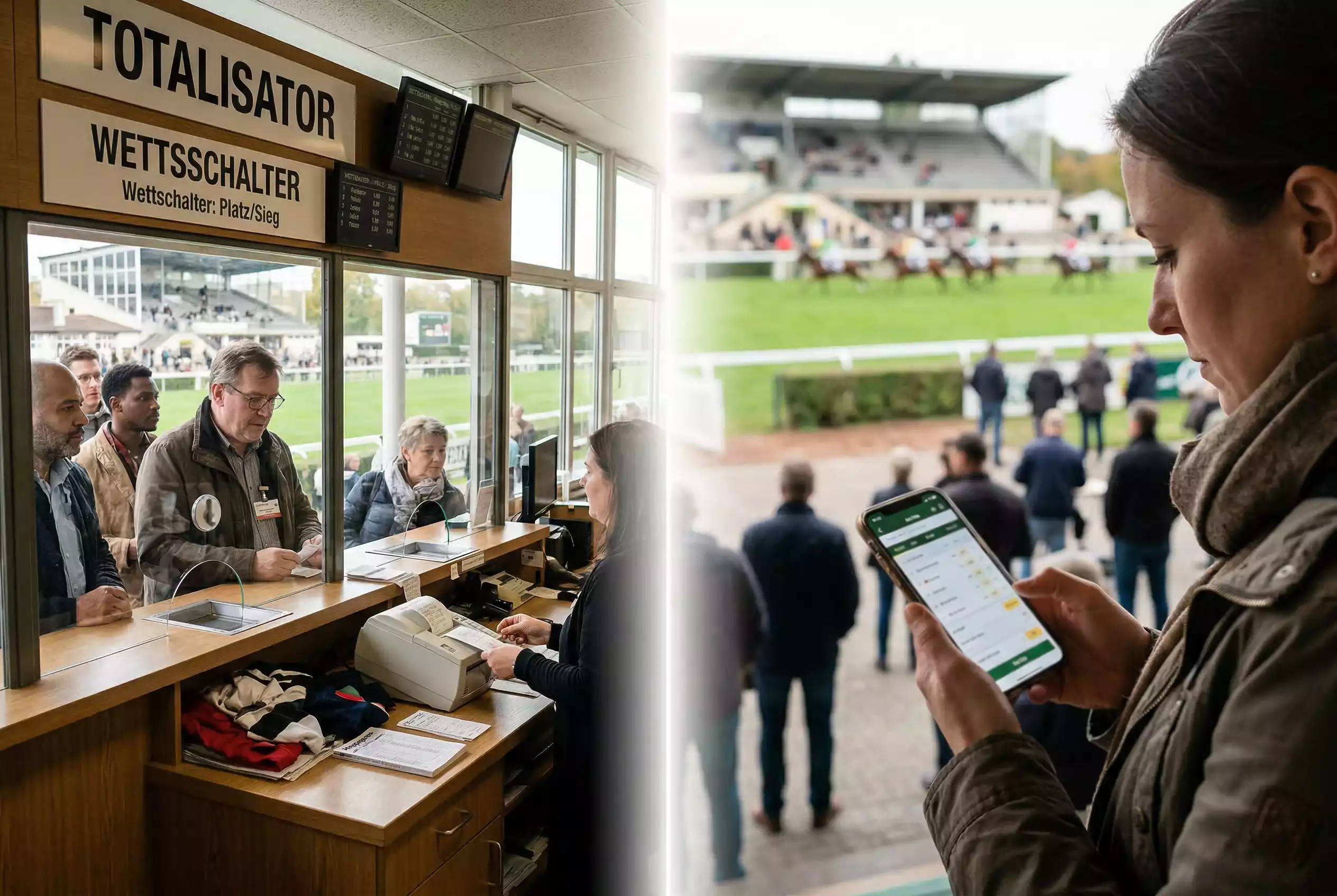 Totalisator vs. Buchmacher — Wettschalter auf einer deutschen Pferderennbahn