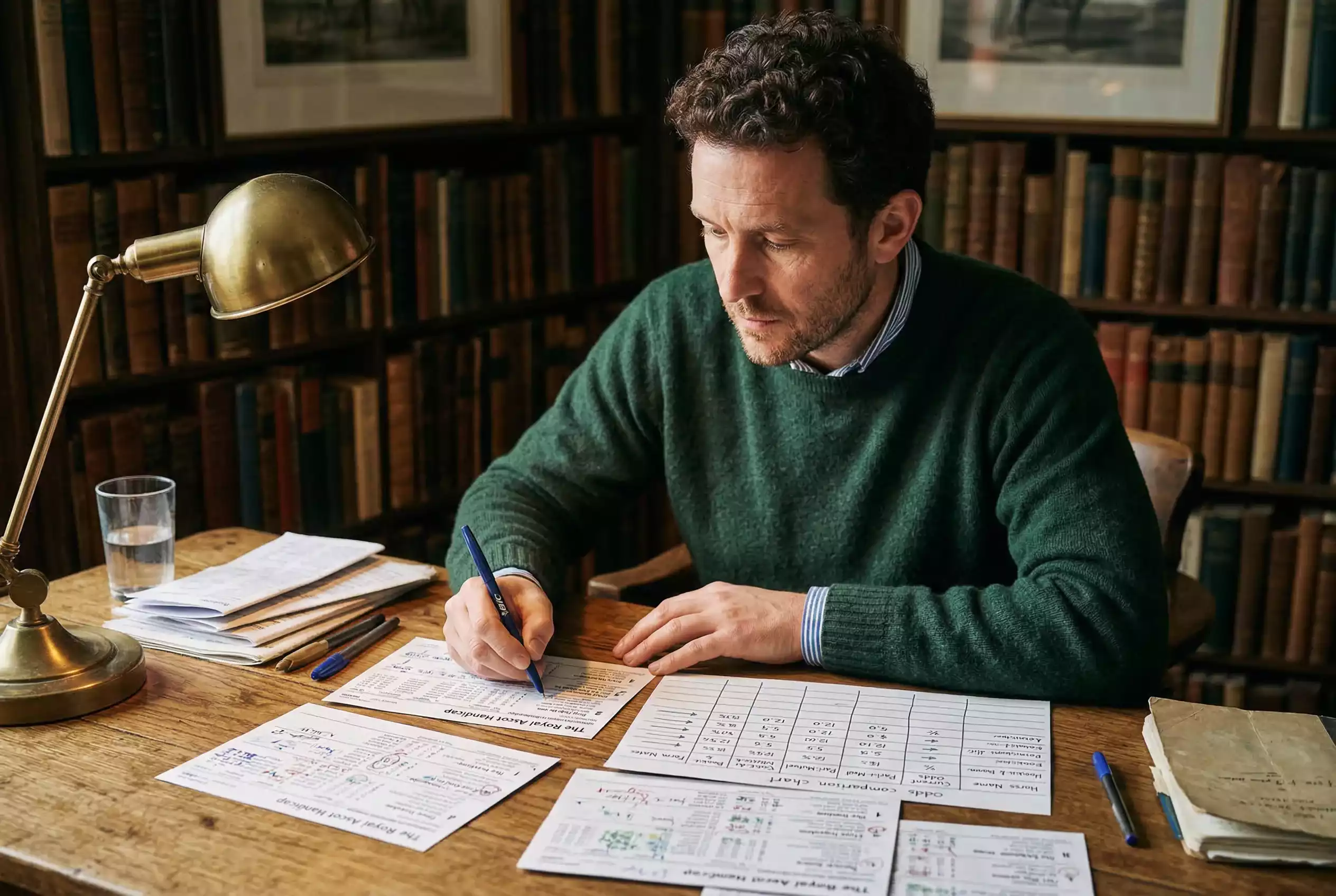 Value Bet Pferderennen — Konzentrierter Mann studiert Formblätter und Quotentafeln an einem Schreibtisch mit Notizen und einem Stift