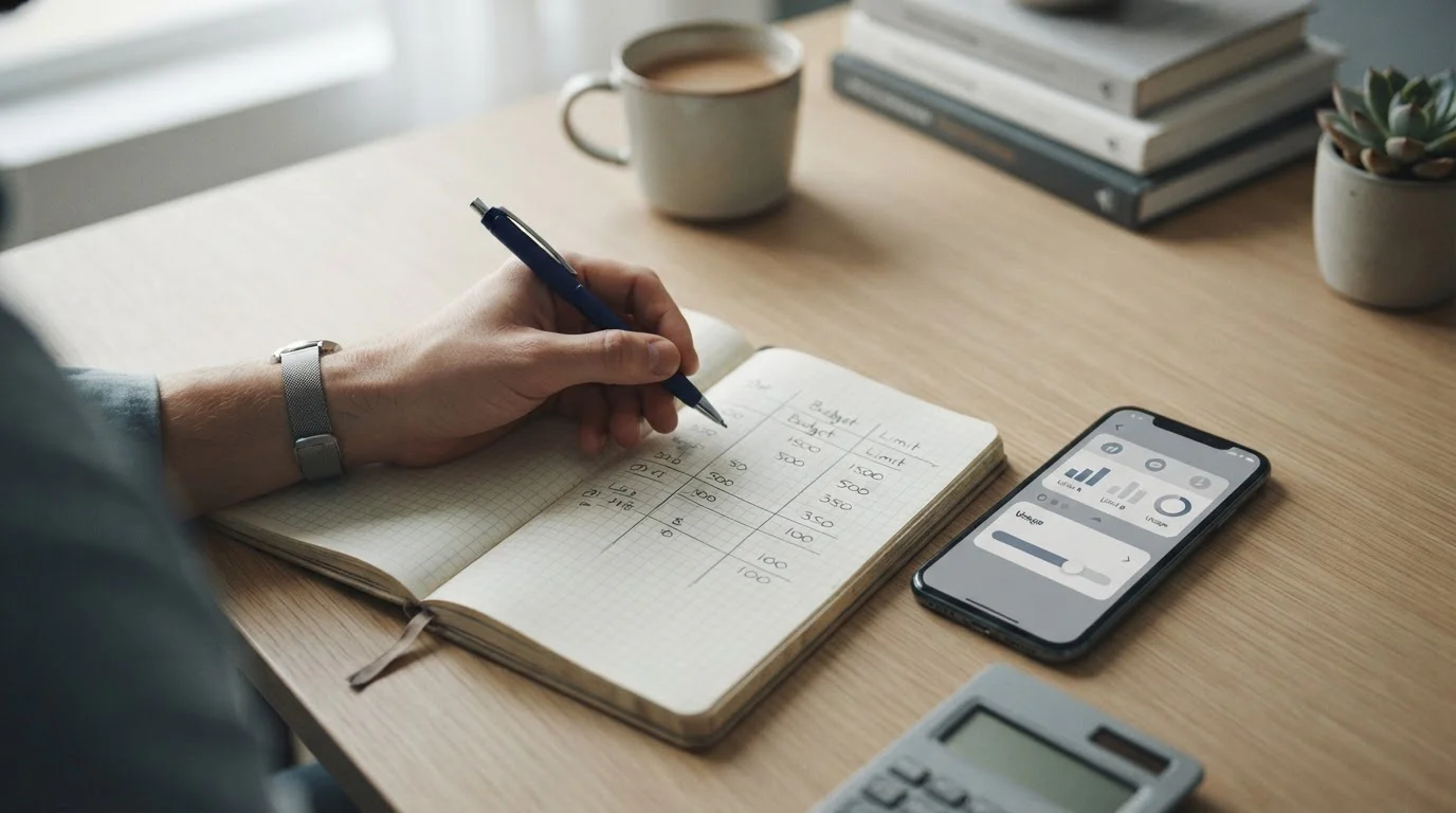 Smartphone mit Einstellungsmenü für Einzahlungslimits und Notizbuch mit Budget-Planung