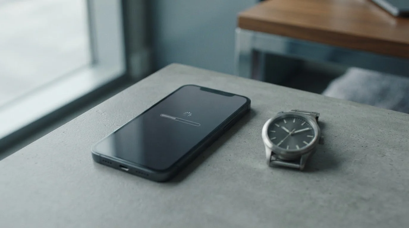 Smartphone mit abstrakter Zahlungsanzeige neben einer Armbanduhr symbolisiert Wartezeit bei Auszahlungen