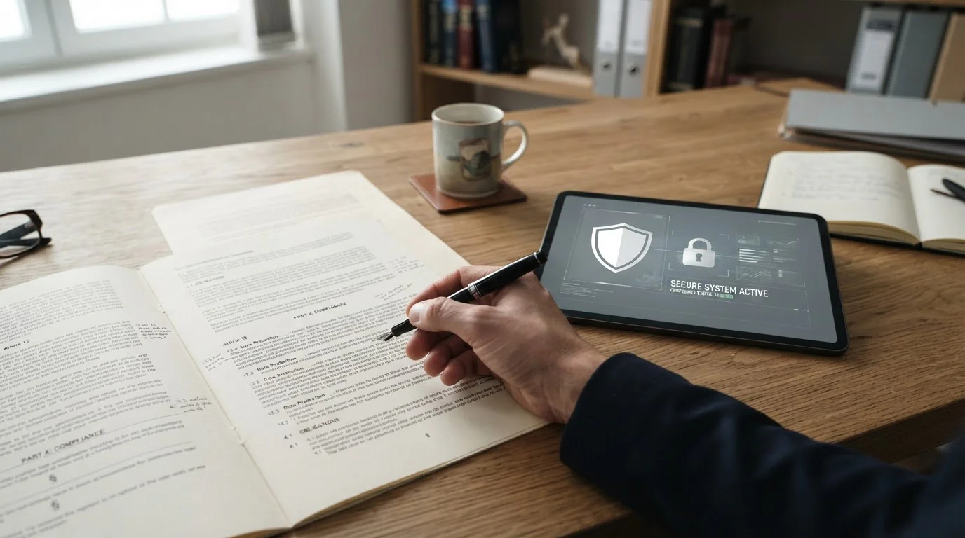 Dokumente mit Paragraphen und Tablet mit Sicherheitssymbolen zur rechtlichen Absicherung