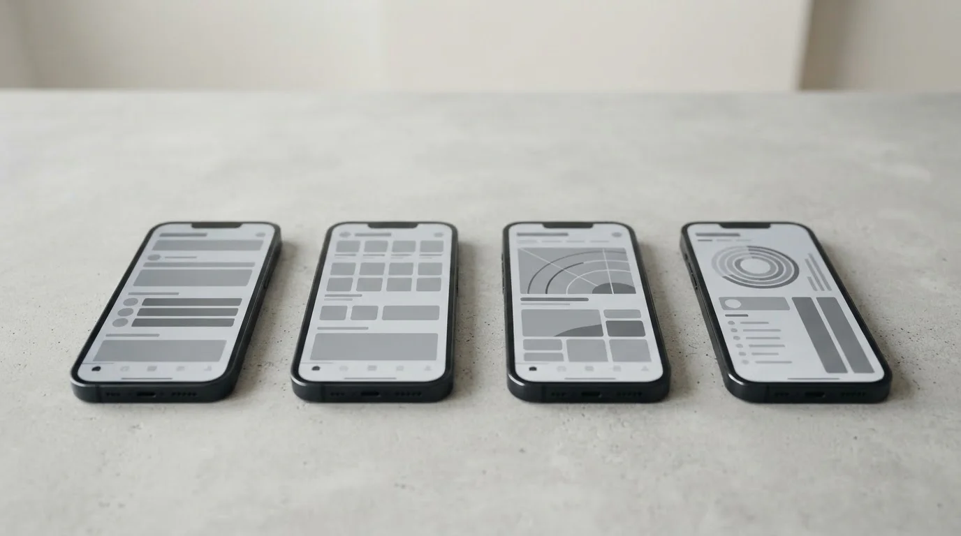 Mehrere Smartphones nebeneinander zeigen verschiedene neutrale App-Oberflächen im Vergleich