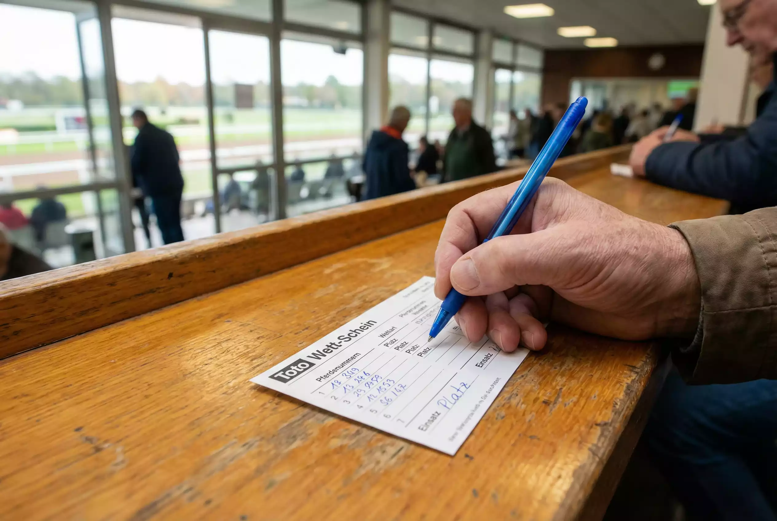 Wettschein ausfüllen Pferderennen — Nahaufnahme einer Hand, die mit einem Kugelschreiber einen Toto-Wettschein auf dem Tisch der Rennbahn ausfüllt